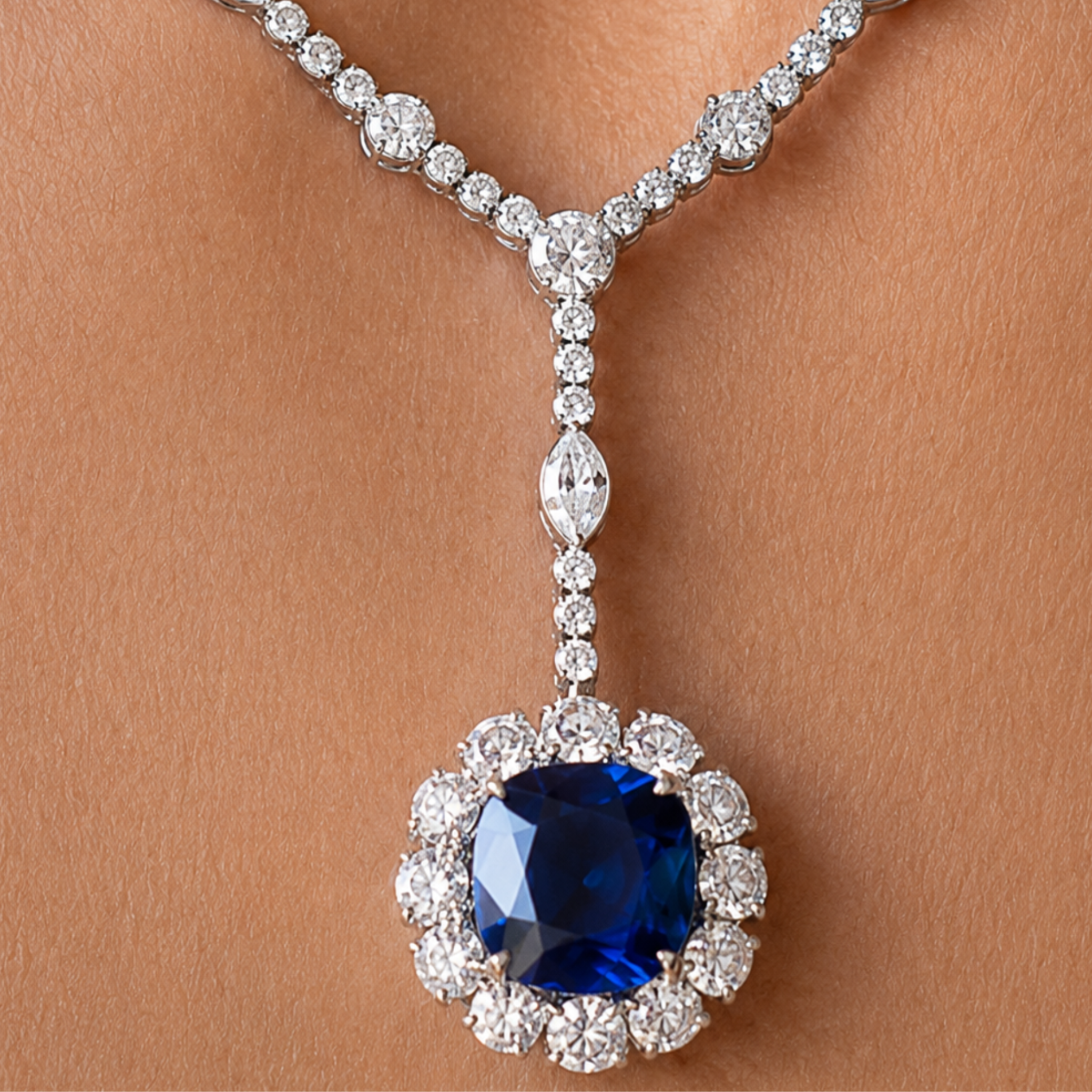 A close-up of a silver-toned Y-shaped necklace with a large round deep blue sapphire pendant, surrounded by a halo of clear diamonds, worn on a model's neck.