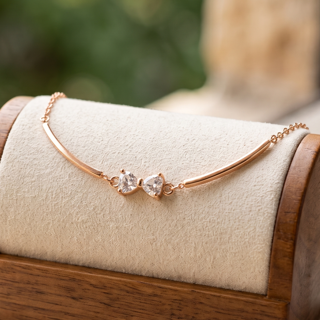 Kiashaa Jewellery 0.96 CTW twin heart diamond bracelet in polished rose gold.