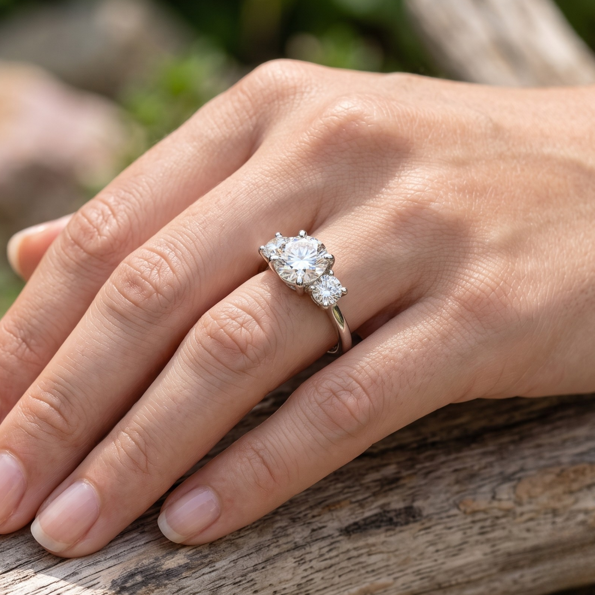A close-up of a hand wearing a three-stone diamond engagement ring with a silver-colored band, resting on a weathered wooden surface with a blurred outdoor background.