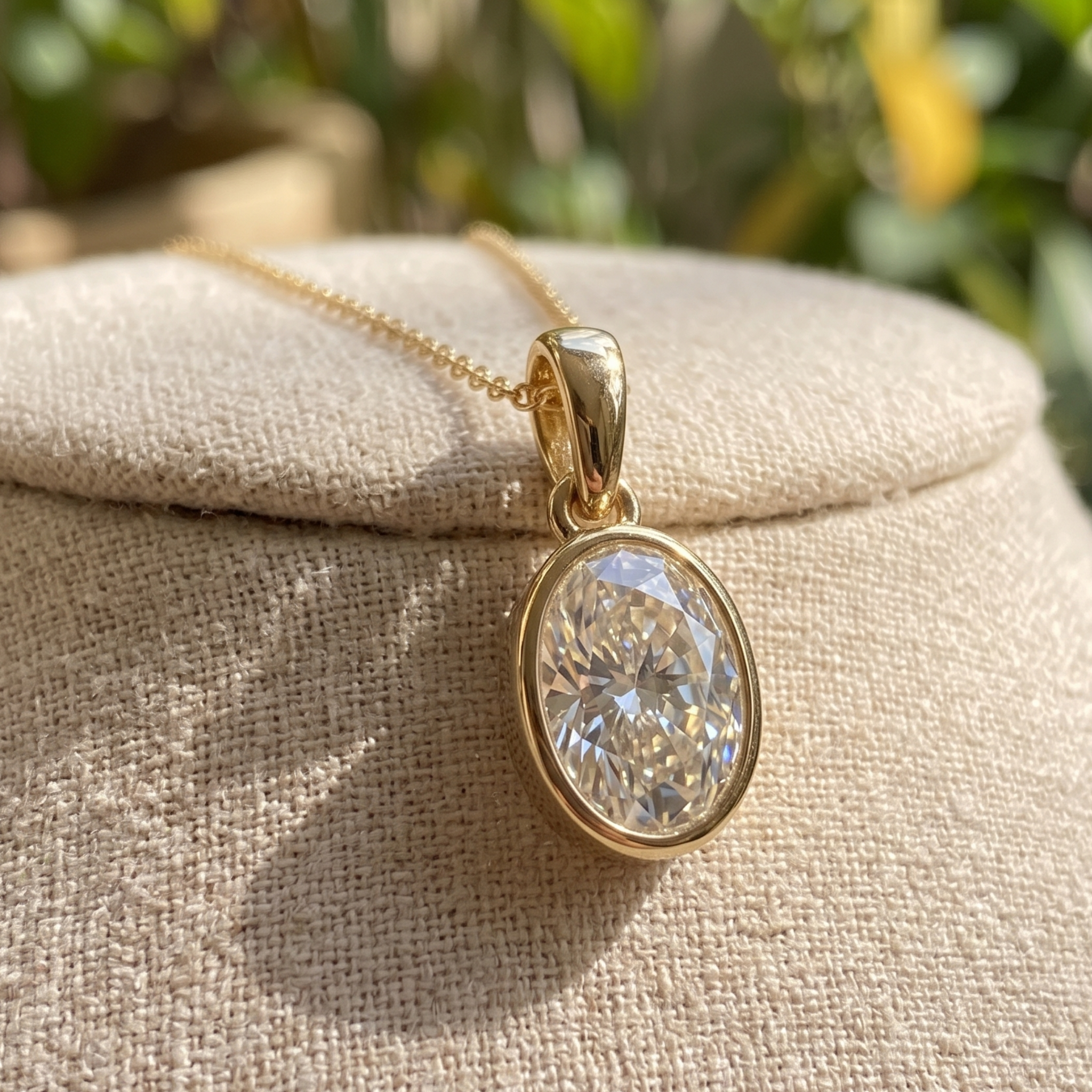 A gold oval pendant necklace with a clear faceted gemstone, resting on a beige fabric jewelry display bust with a blurred green outdoor background.