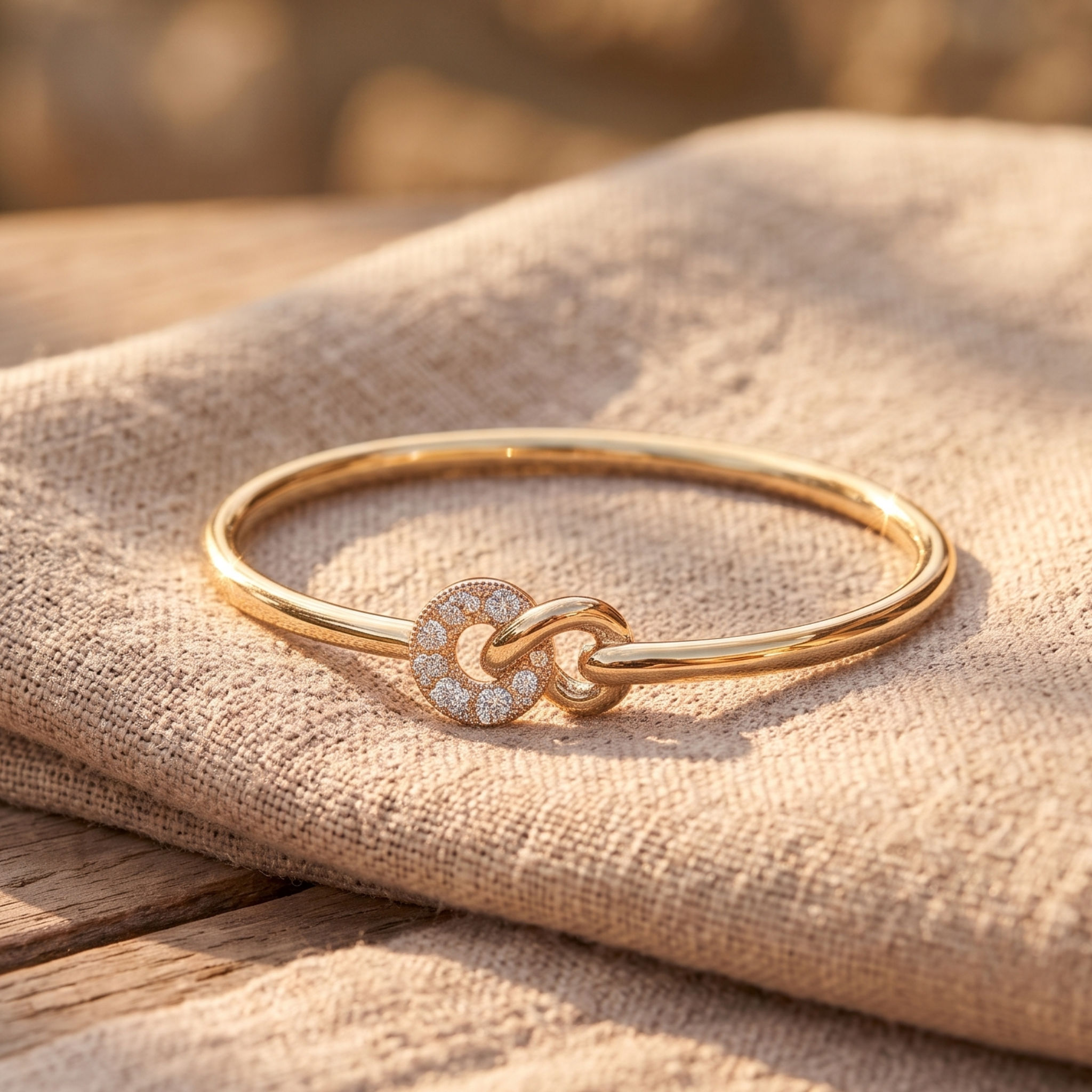 A polished gold bangle bracelet with a circular pavé-set knot charm, resting on a textured beige linen cloth over a rustic wooden surface.