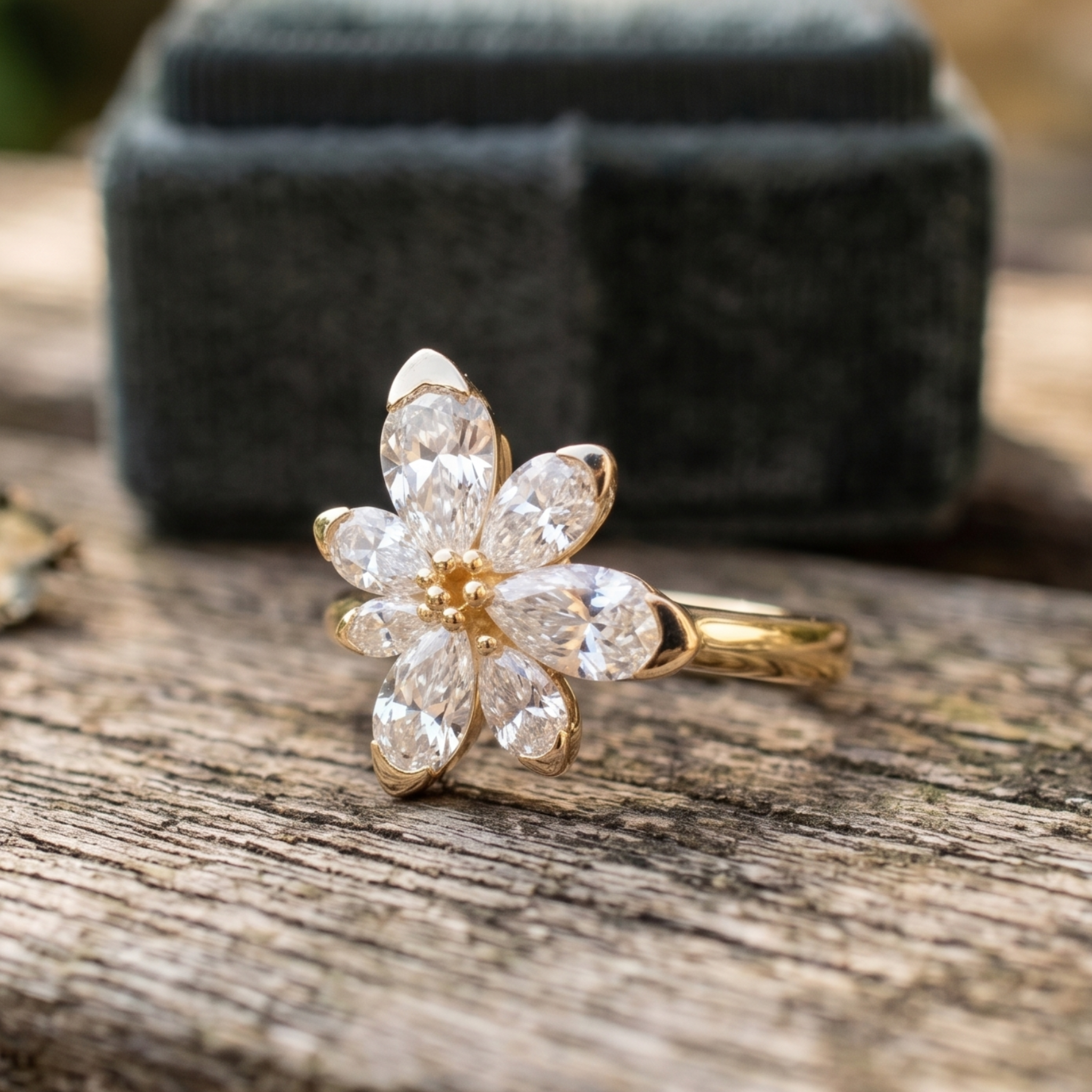 Élan Bloom 2 CTW pear diamond flower ring by Kiashaa Jewellery featuring approximately seven pear-shaped diamond petals.