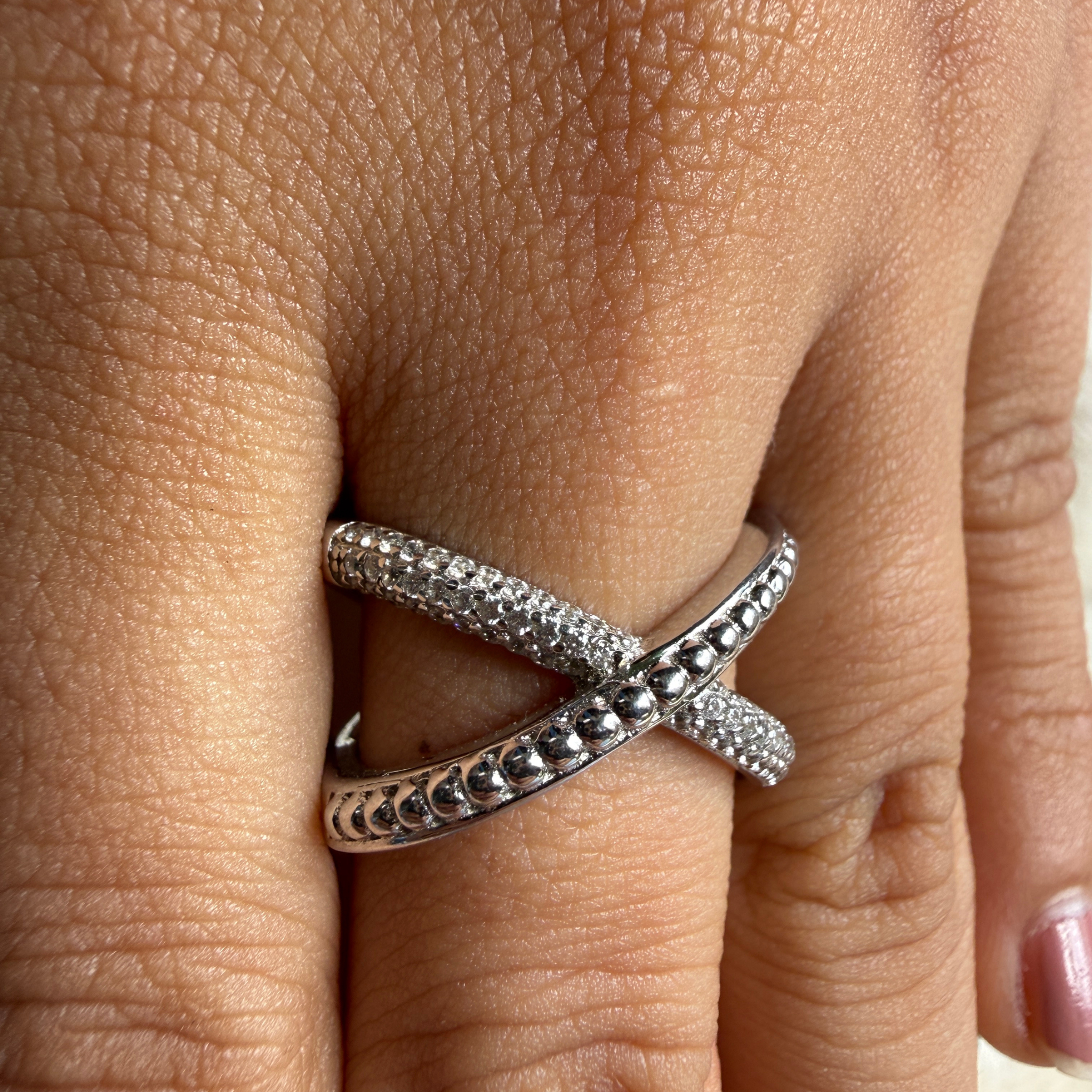 Criss-cross lab-grown diamond X ring in white gold by Kiashaa Jewellery.