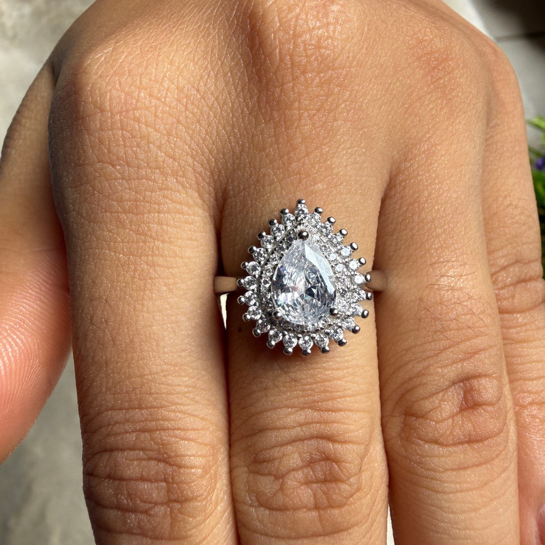 Pear halo lab-grown diamond engagement ring in white gold by Kiashaa Jewellery.