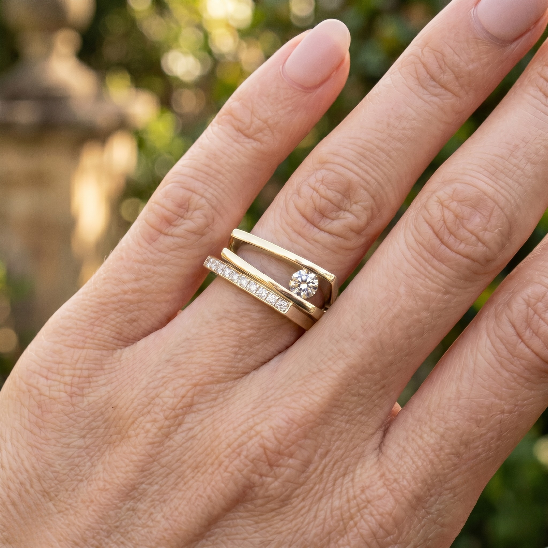Geometric open-frame lab-grown diamond ring in white gold by Kiashaa Jewellery with 0.62 CTW of round diamonds.