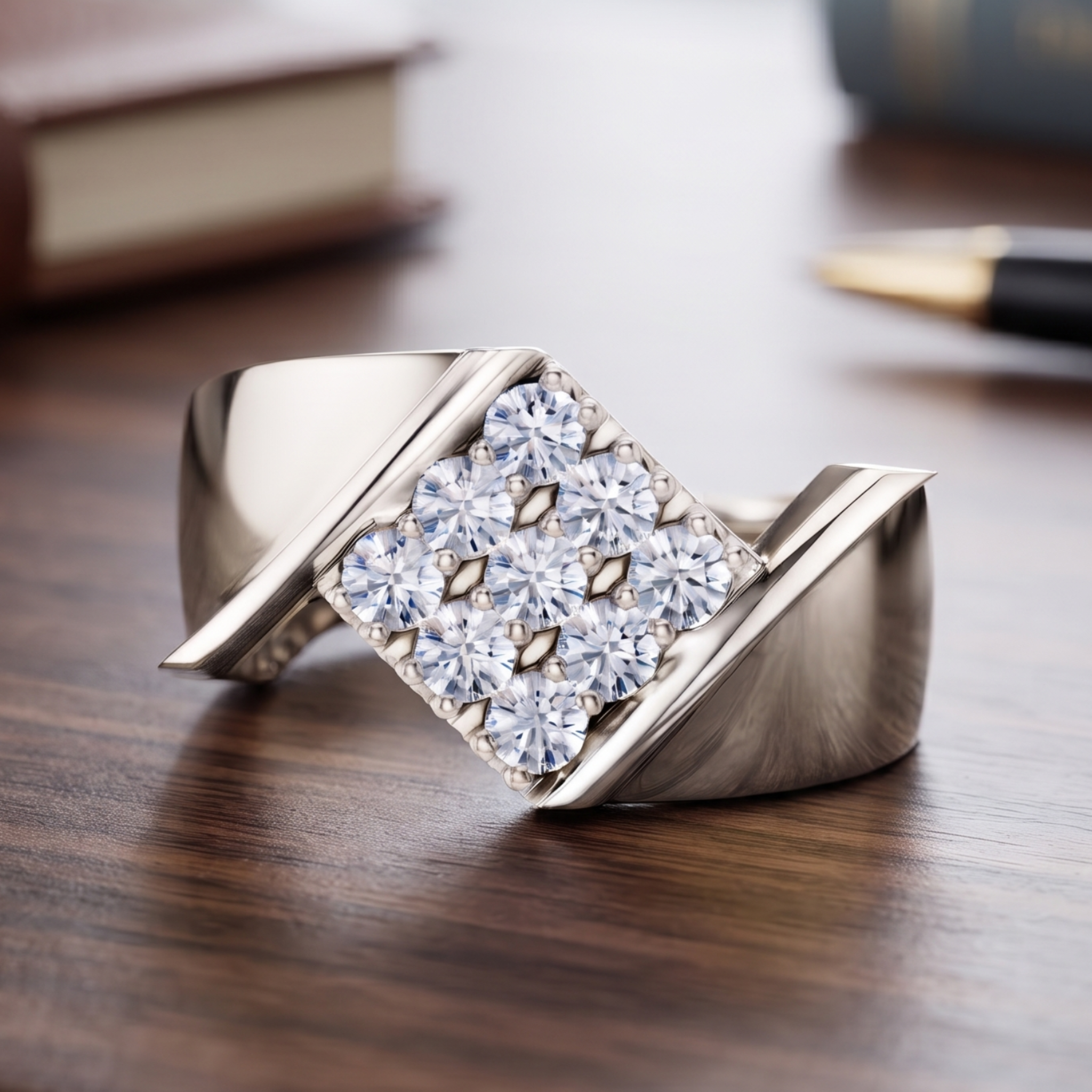 A silver-toned cuff ring with a square cluster of clear pavé gemstones, resting on a dark wood desk with a blurred pen and books in the background.