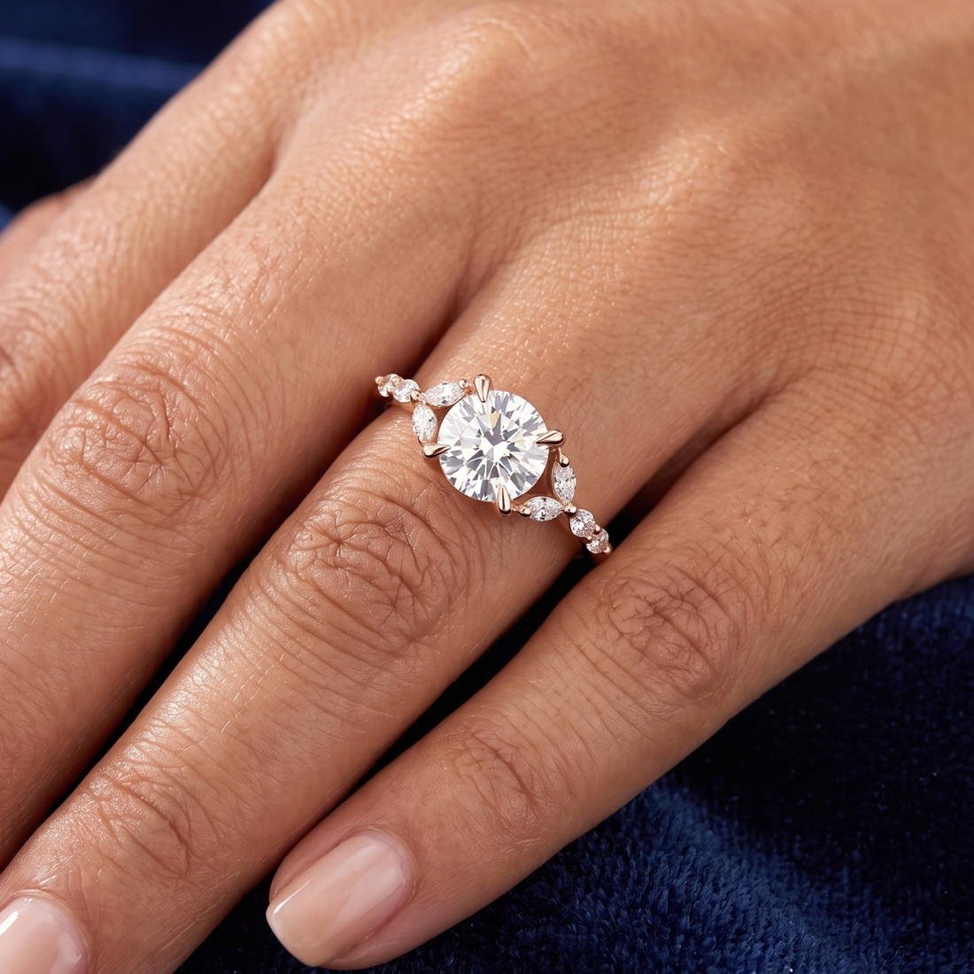 1.38 CT round center diamond ring with marquise side stones