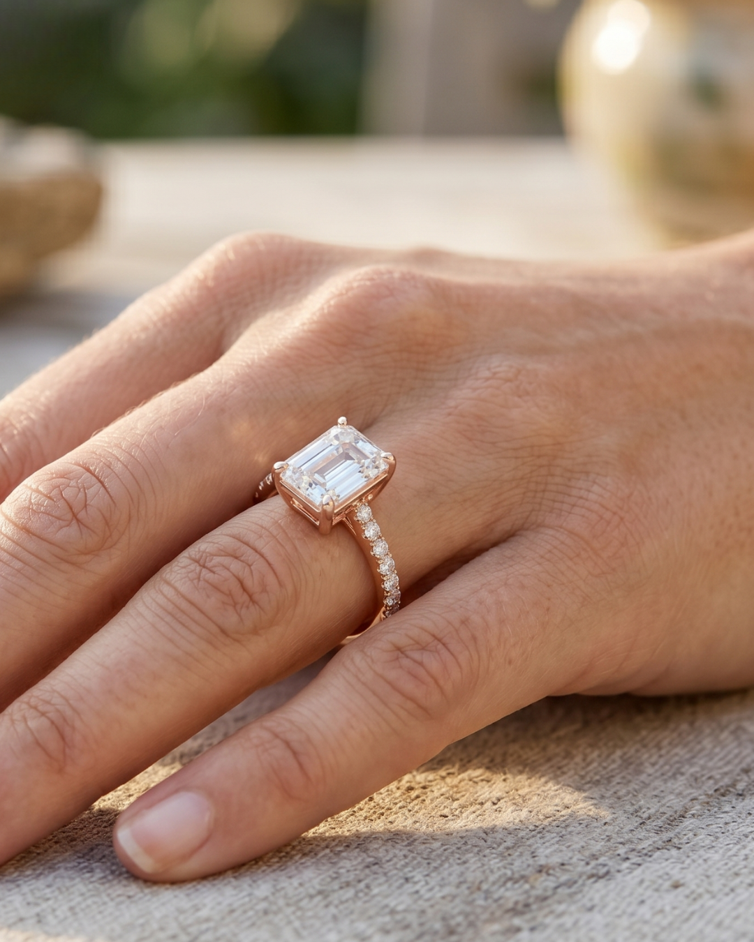 Elegant emerald and round diamond engagement ring by Kiashaa Jewellery in rose gold.