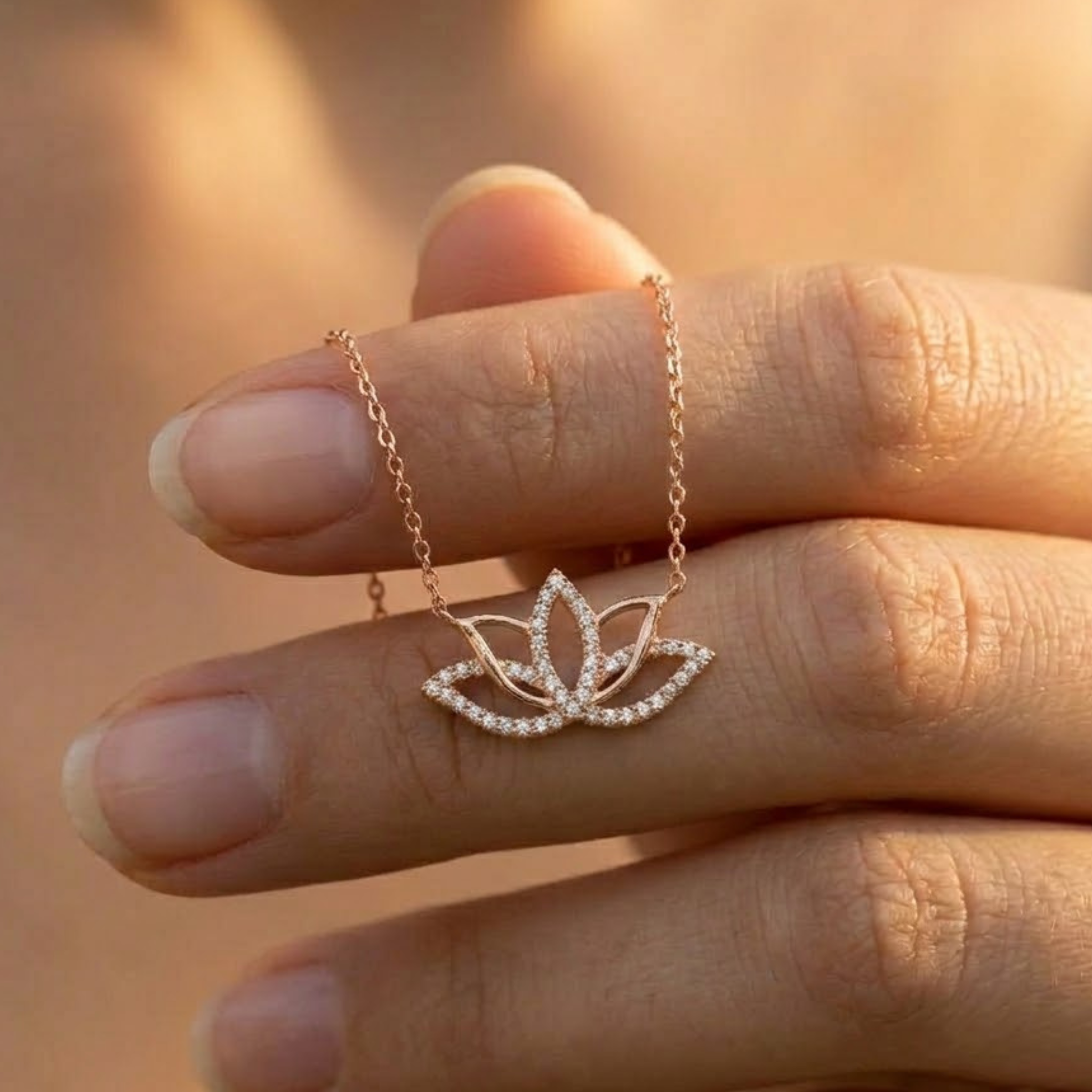 A close-up of a hand holding a delicate rose gold necklace with a lotus flower pendant adorned with small clear stones, set against a warm, softly blurred background.