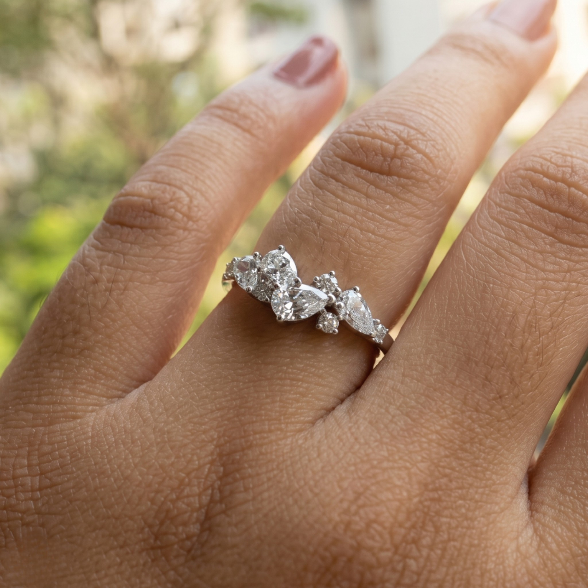 Handcrafted lab-grown diamond ring with pear and round brilliant stones.