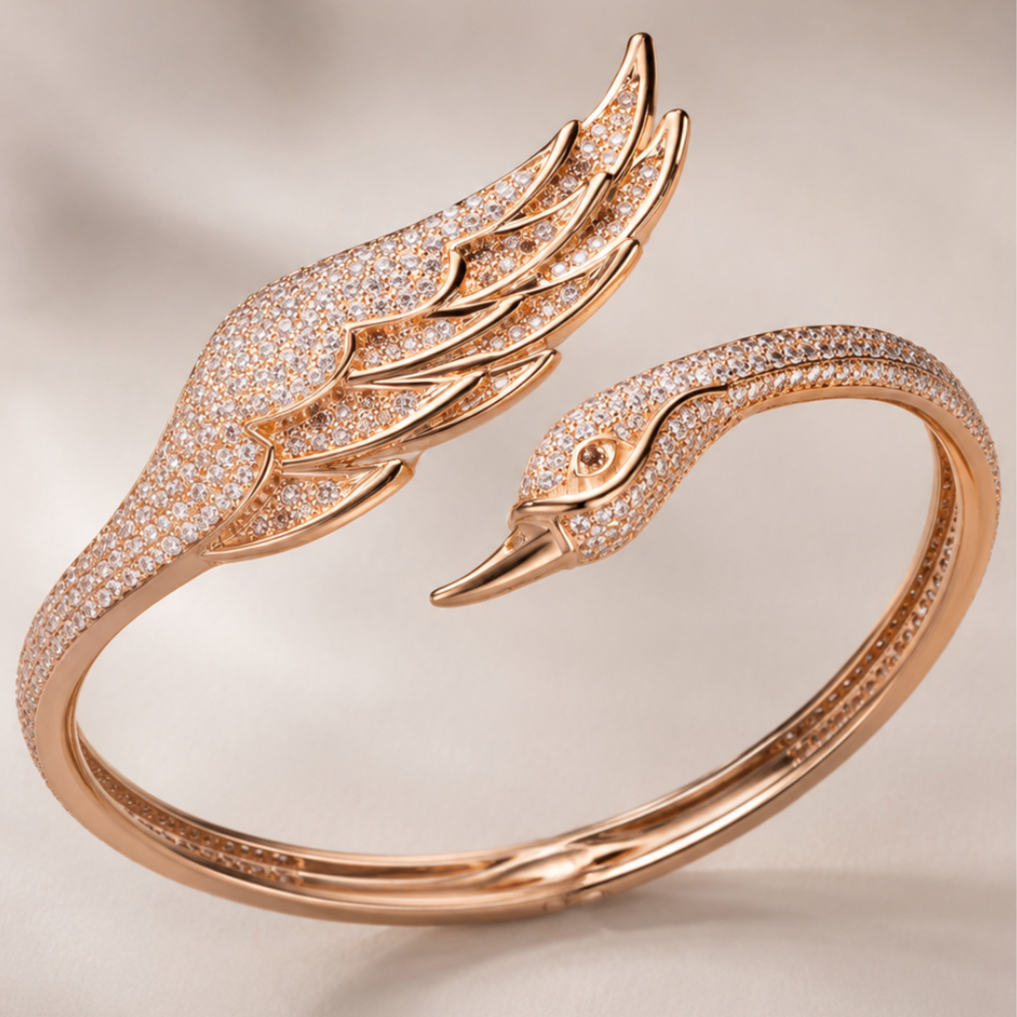 Celeste Swan Wing 2 CTW diamond open ring by Kiashaa Jewellery in rose gold with a bird-inspired wing and head design.