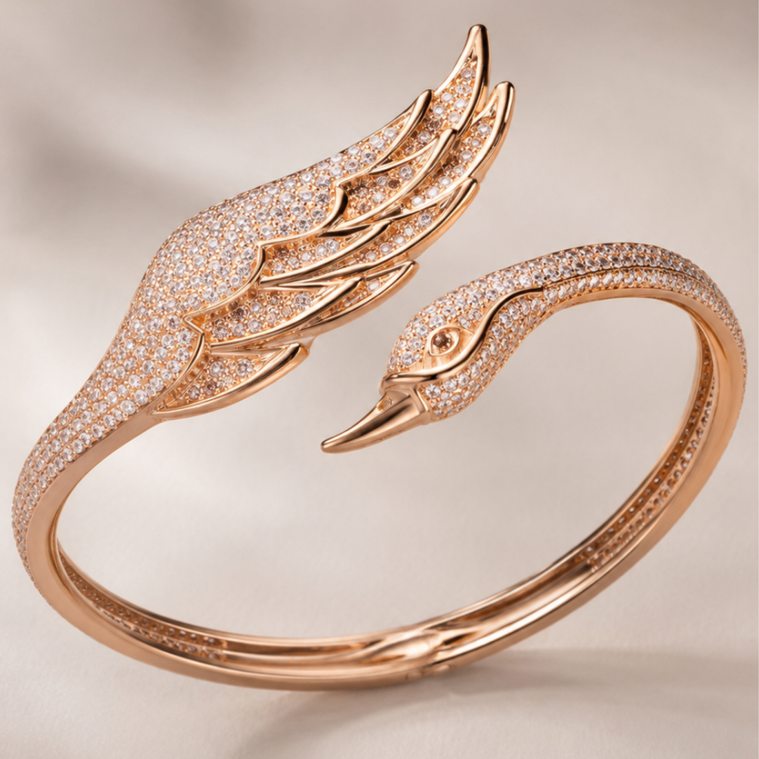 Celeste Swan Wing 2 CTW diamond open ring by Kiashaa Jewellery in rose gold with a bird-inspired wing and head design.
