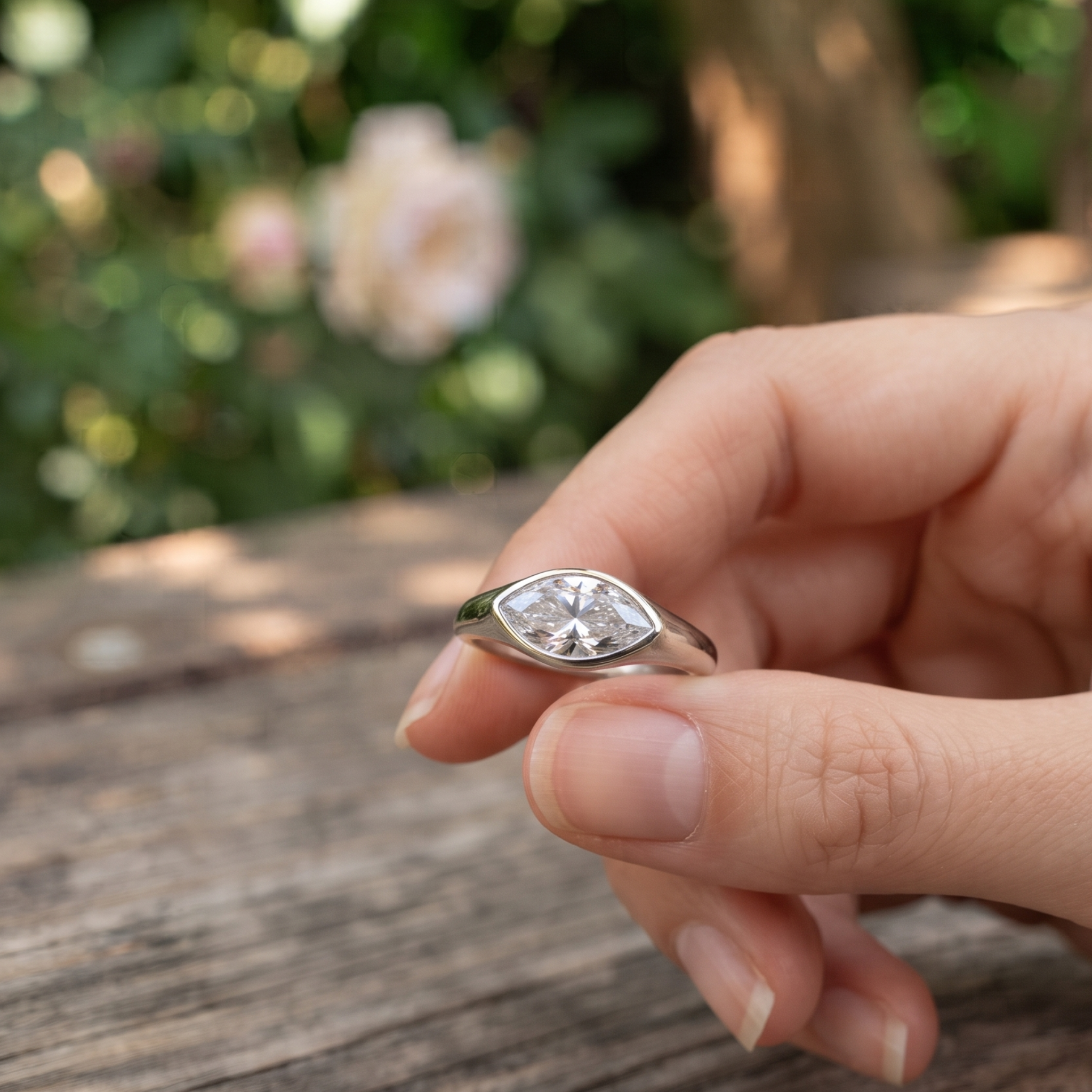 Kiashaa Jewellery 1.76 CT marquise bezel diamond ring in polished yellow gold.