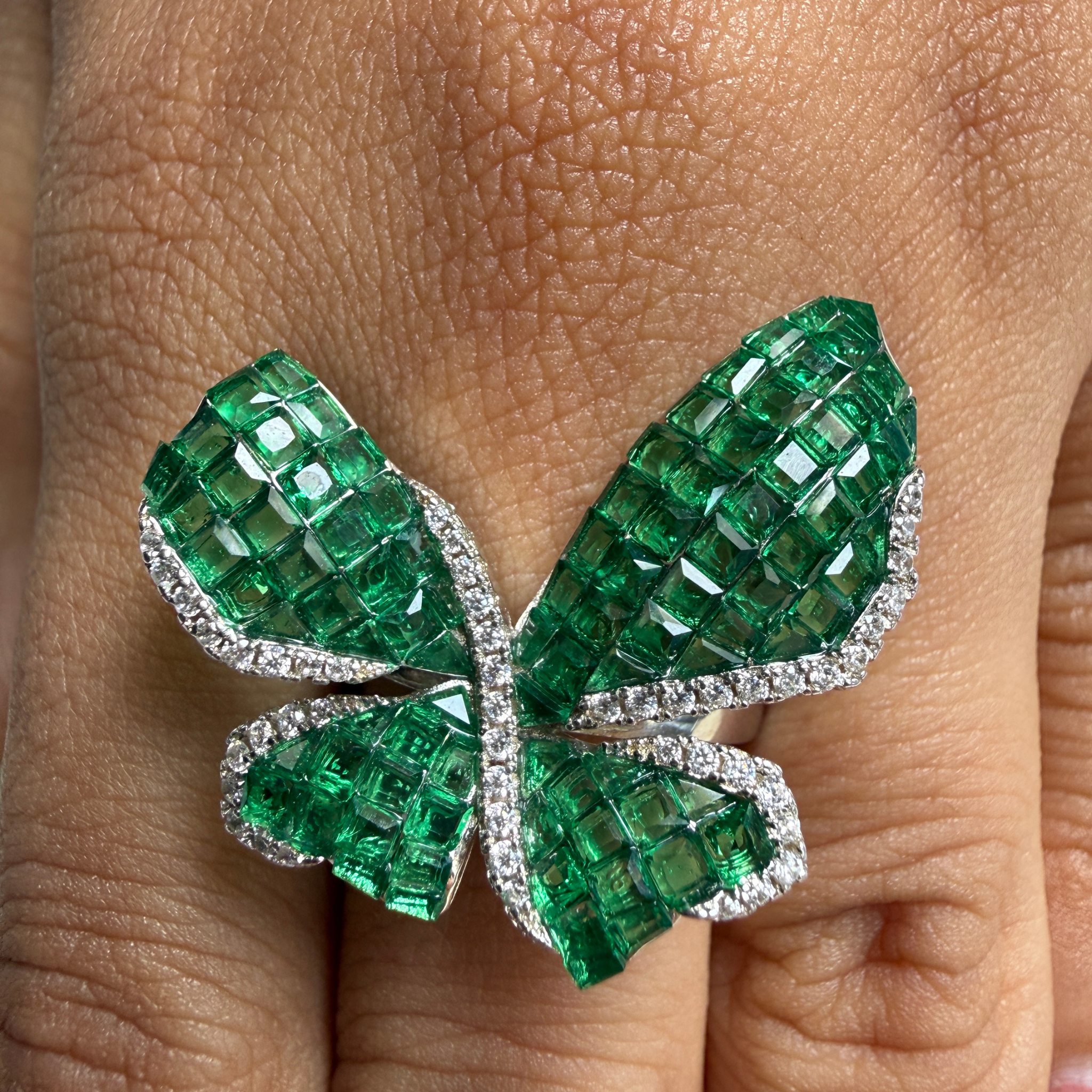 Green CZ butterfly and lab-grown diamond statement ring by Kiashaa Jewellery.