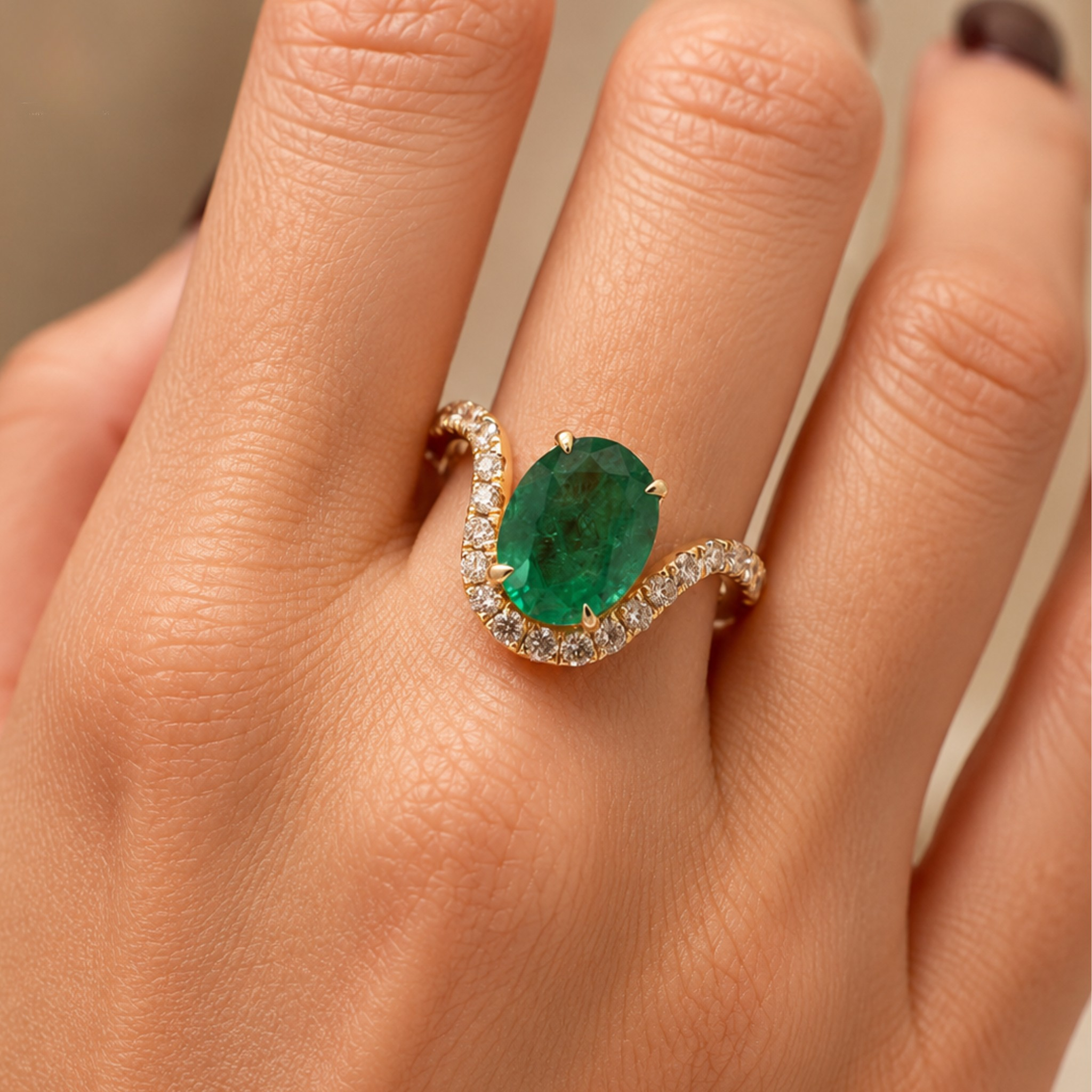 A close-up of a hand wearing a yellow gold ring with a large oval green emerald center stone and a curved pavé setting of small clear stones.