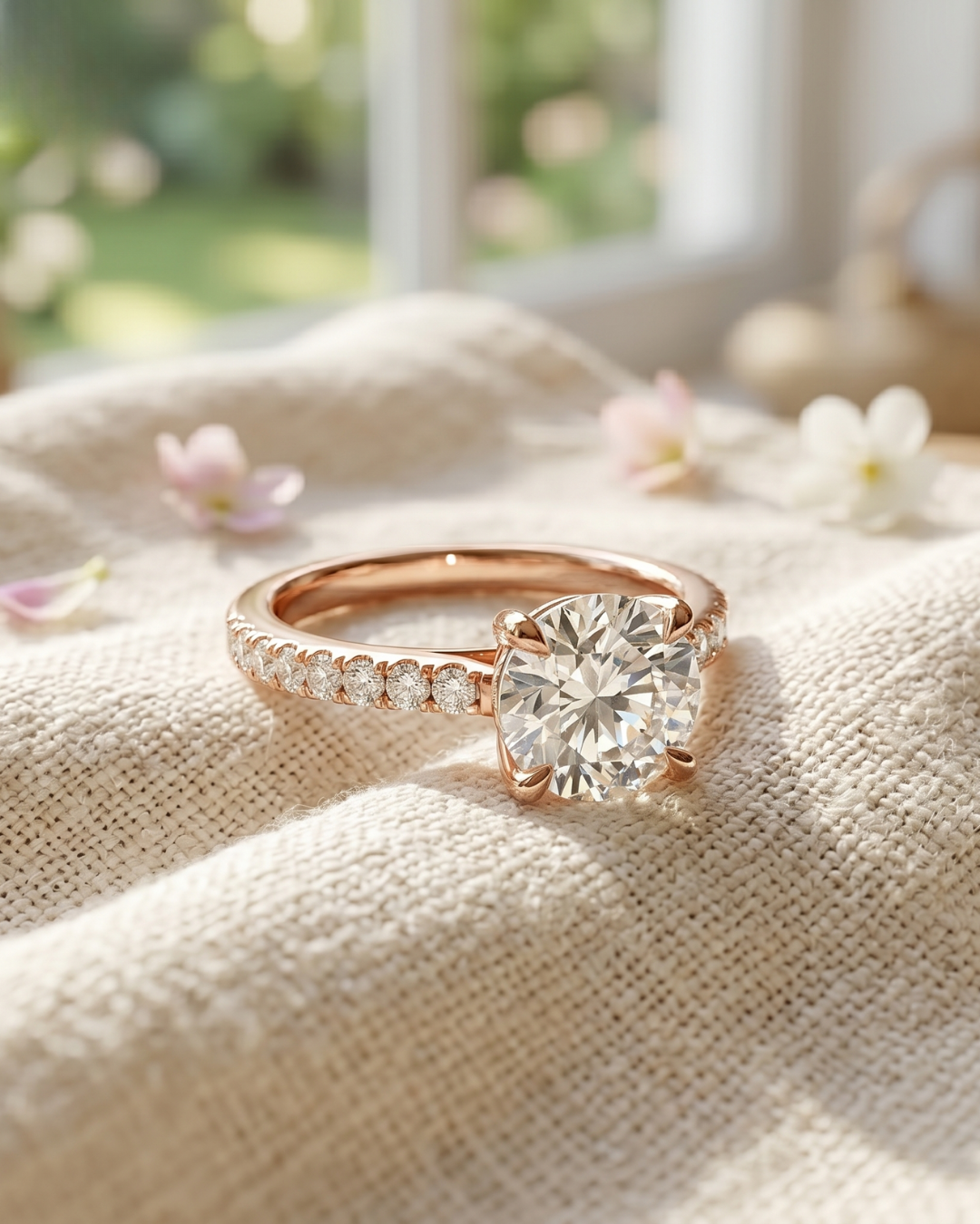 Rose gold round lab-grown diamond solitaire ring by Kiashaa Jewellery for women with sparkling side accents.