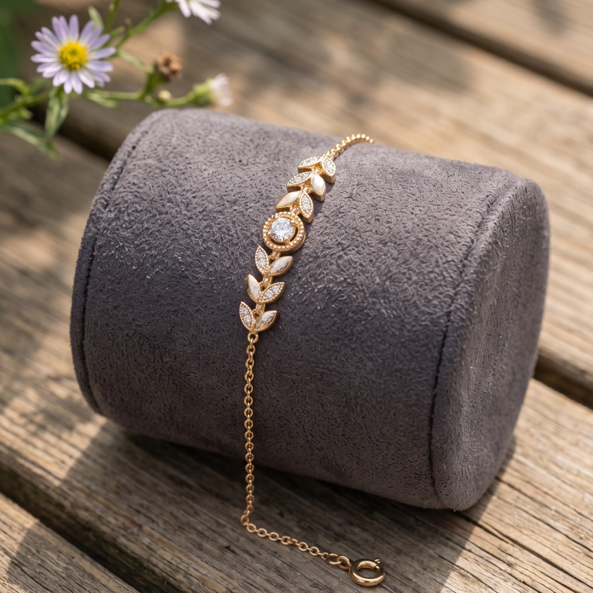 Botanical diamond bracelet featuring a 5.10 mm round center stone with leaf motifs.