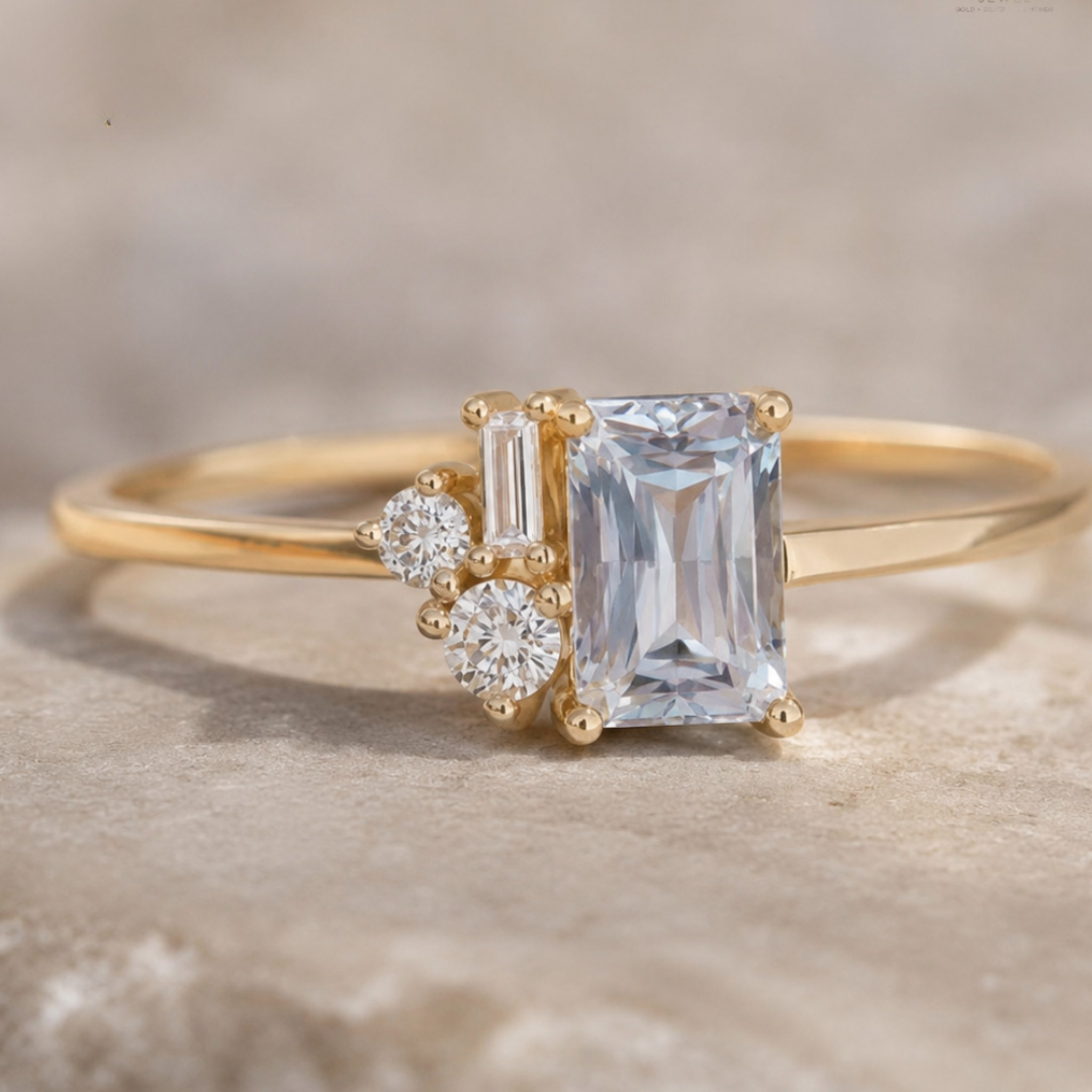 A gold ring featuring a large emerald-cut light blue center stone with three smaller accent stones, photographed close-up on a soft beige surface.