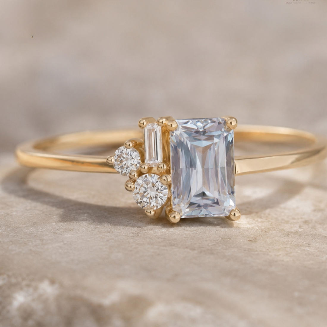 A gold ring featuring a large emerald-cut light blue center stone with three smaller accent stones, photographed close-up on a soft beige surface.