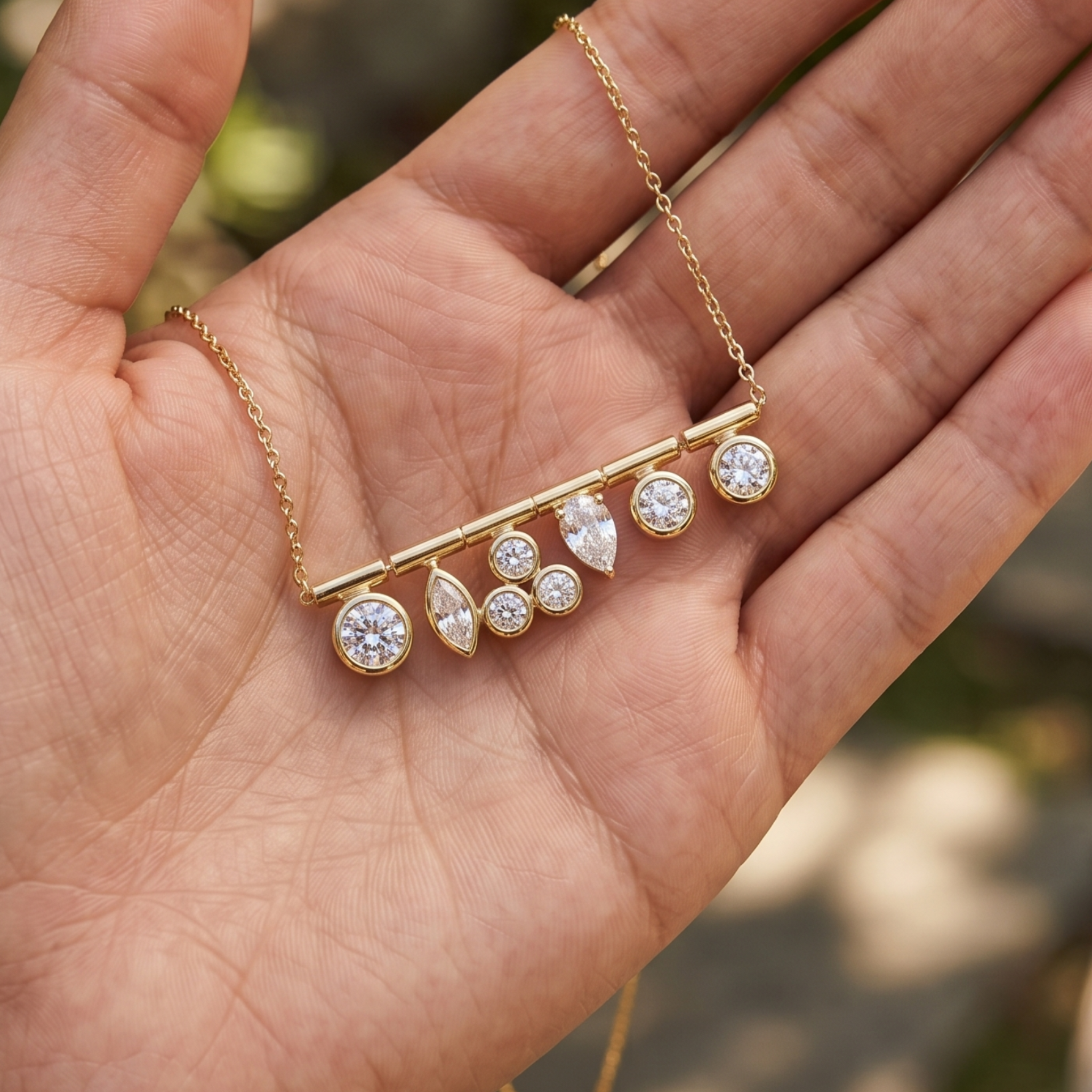 A gold bar necklace with clear gemstones displayed on an open hand, set against a softly blurred outdoor background.