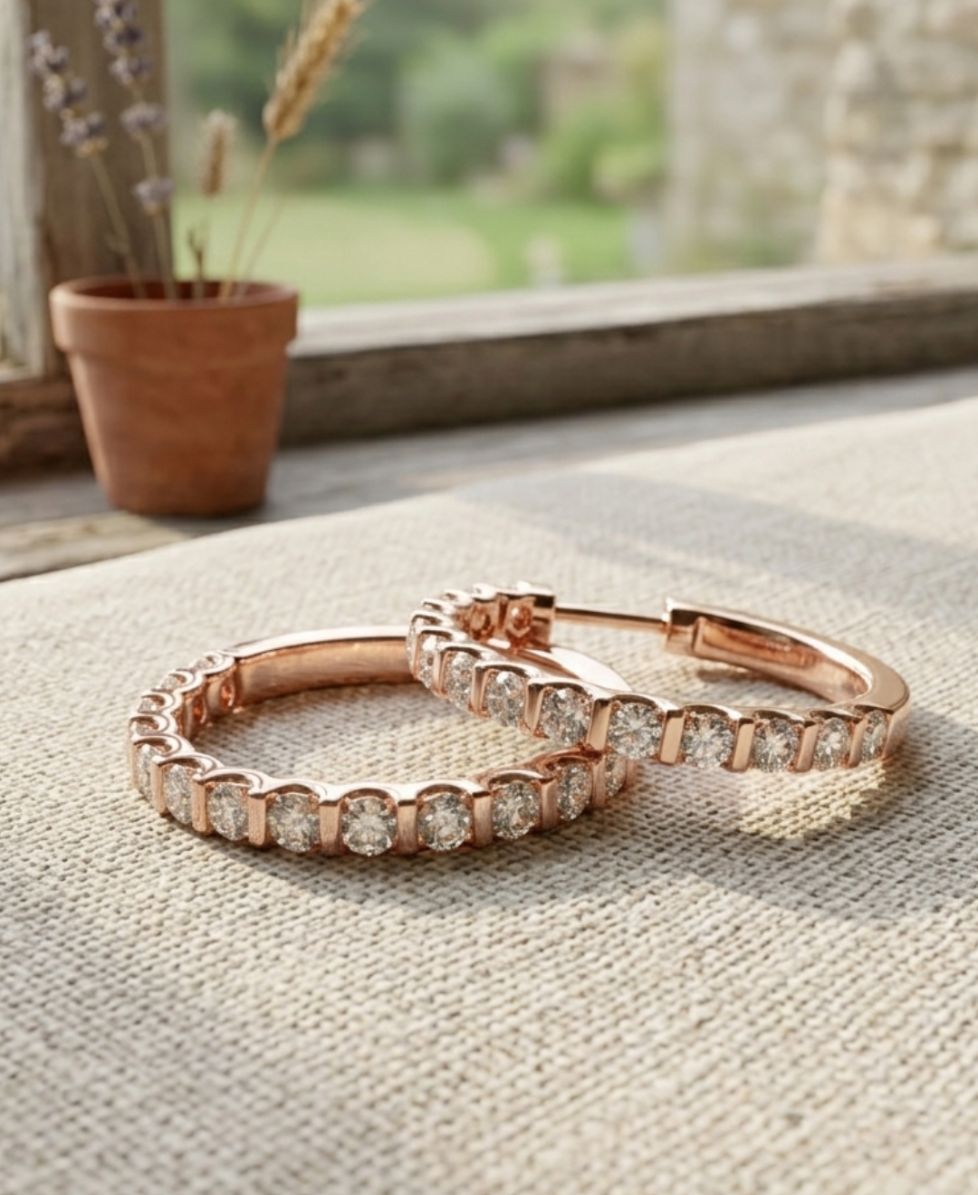 Rose gold diamond hoop earrings featuring a front row of brilliant round-cut lab-grown diamonds.