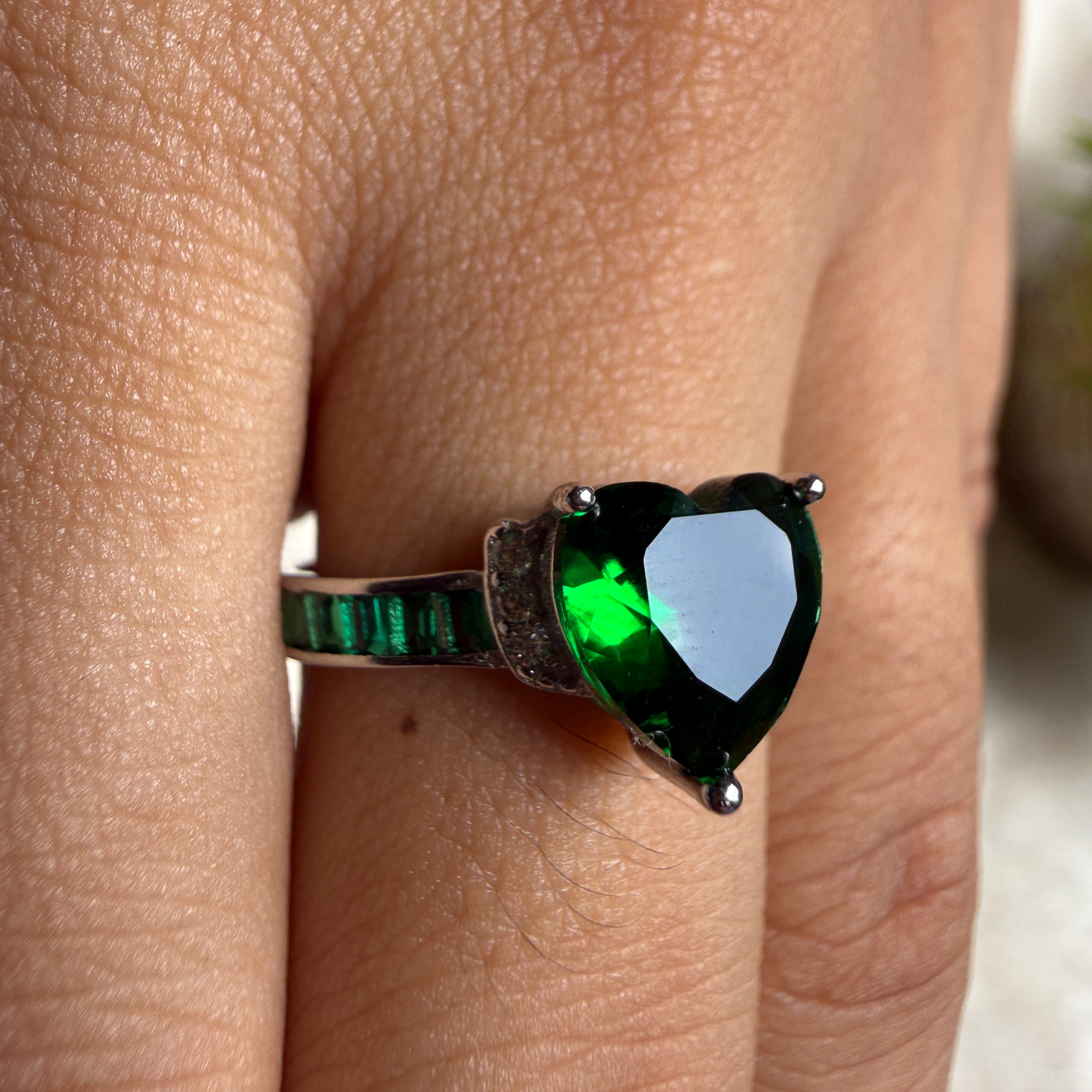 Green heart gemstone and lab-grown diamond ring in white gold by Kiashaa Jewellery.