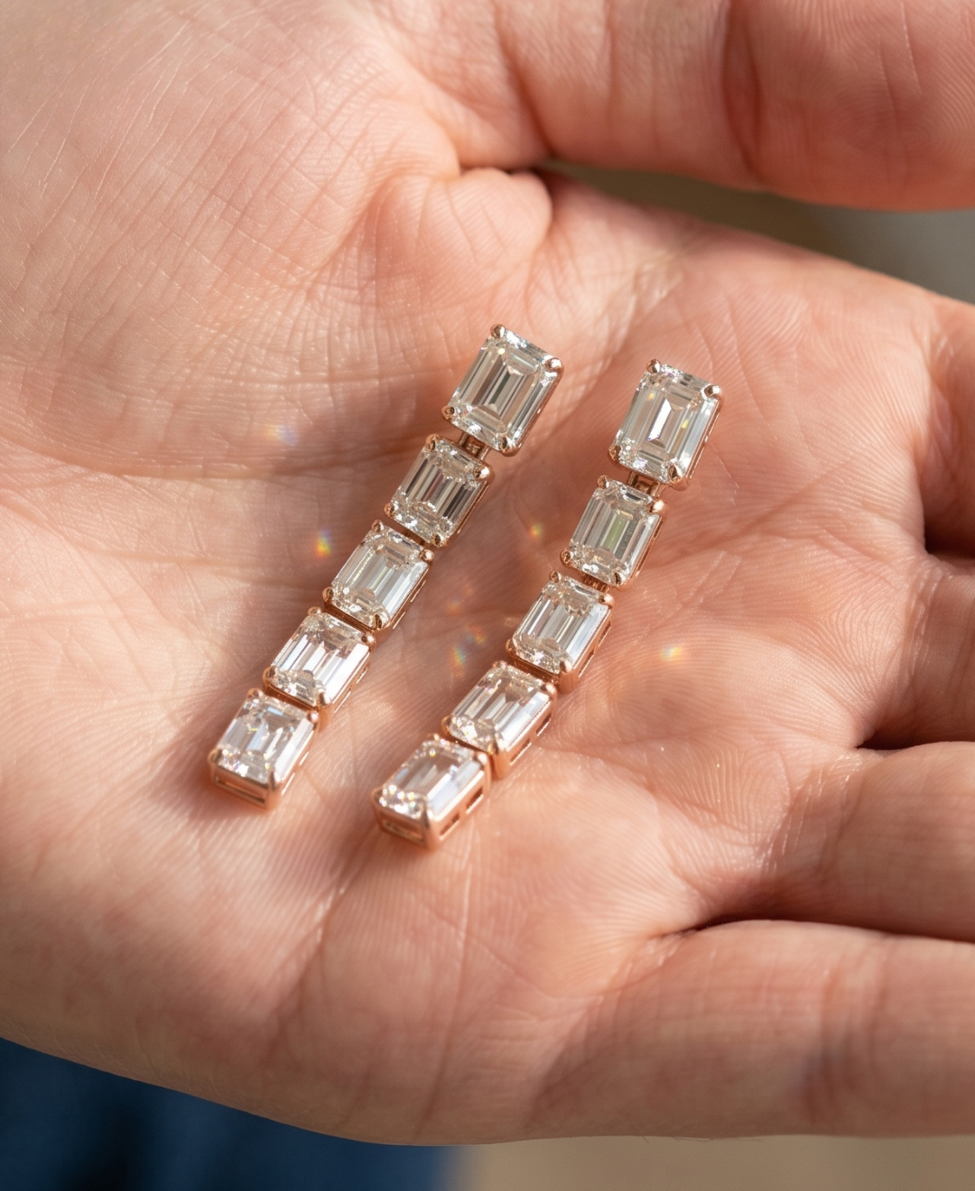 Rose gold emerald-cut lab-grown diamond earrings by Kiashaa Jewellery with an elegant articulated drop design.