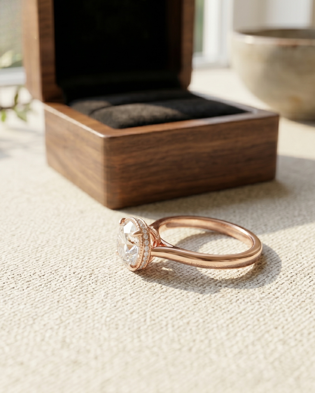 Rose gold round lab-grown diamond engagement ring by Kiashaa Jewellery featuring a delicate hidden diamond halo.