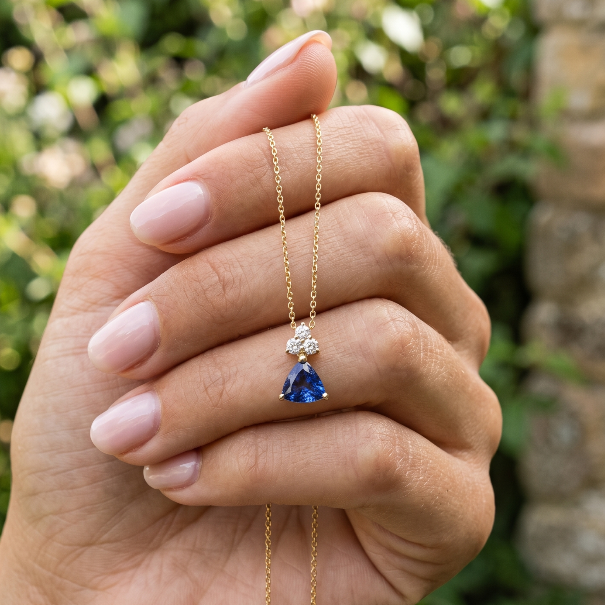 0.96 CTW blue trillion pendant necklace with a 6 mm center stone and three round diamond accents.