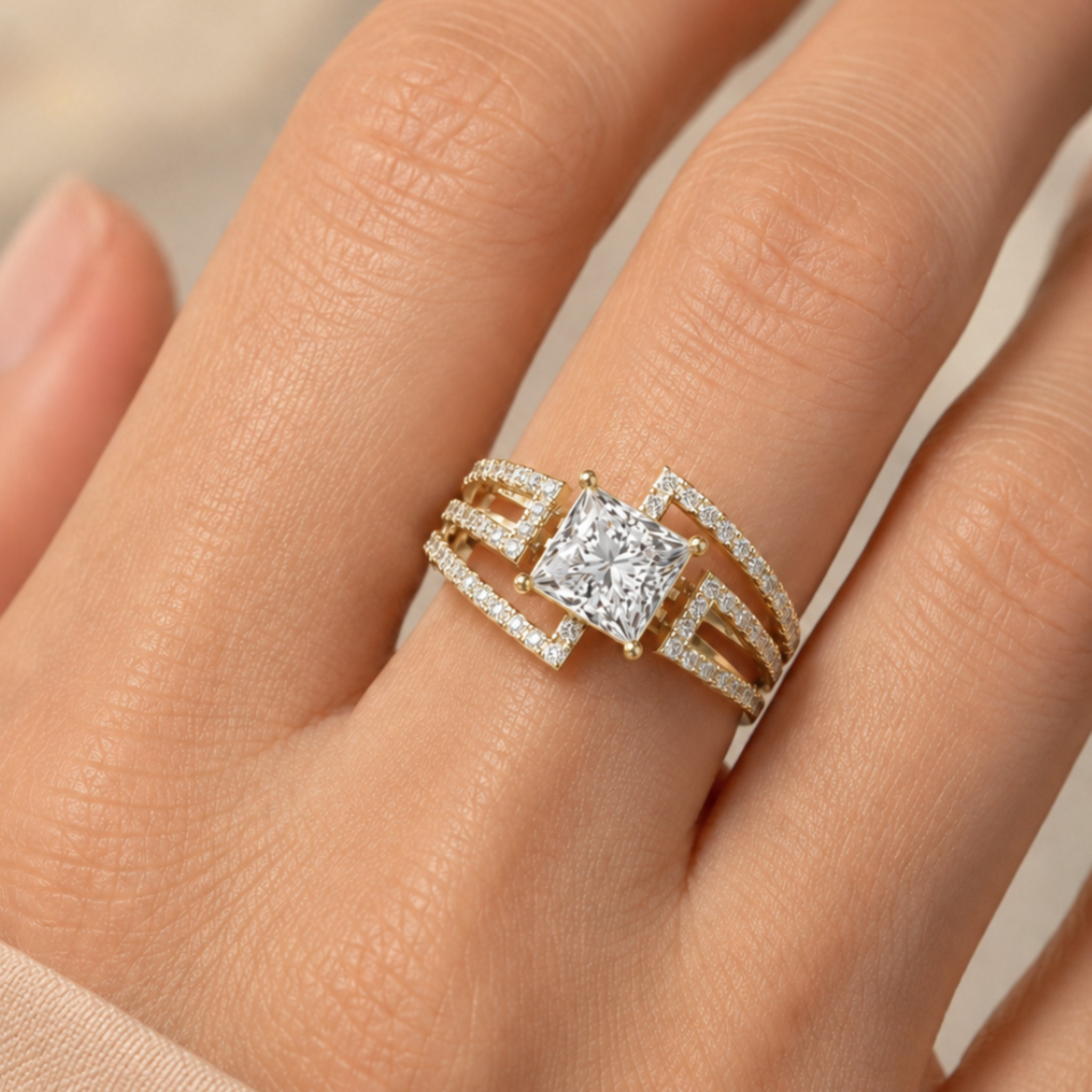 A close-up of a hand wearing a geometric yellow gold ring with a princess-cut diamond center stone and pavé-set side details.