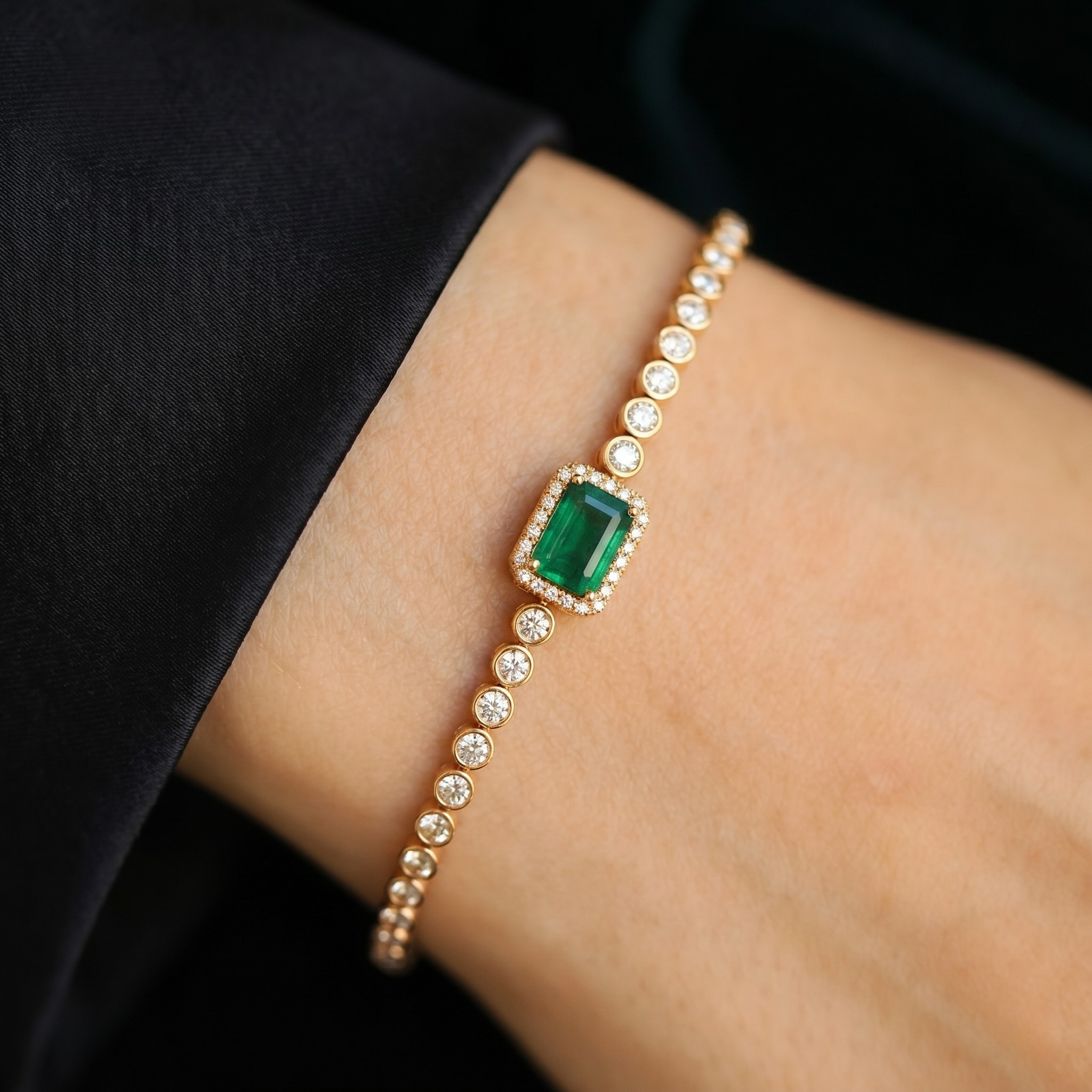 5.00 CT green gemstone and diamond tennis bracelet in yellow gold by Kiashaa Jewellery.