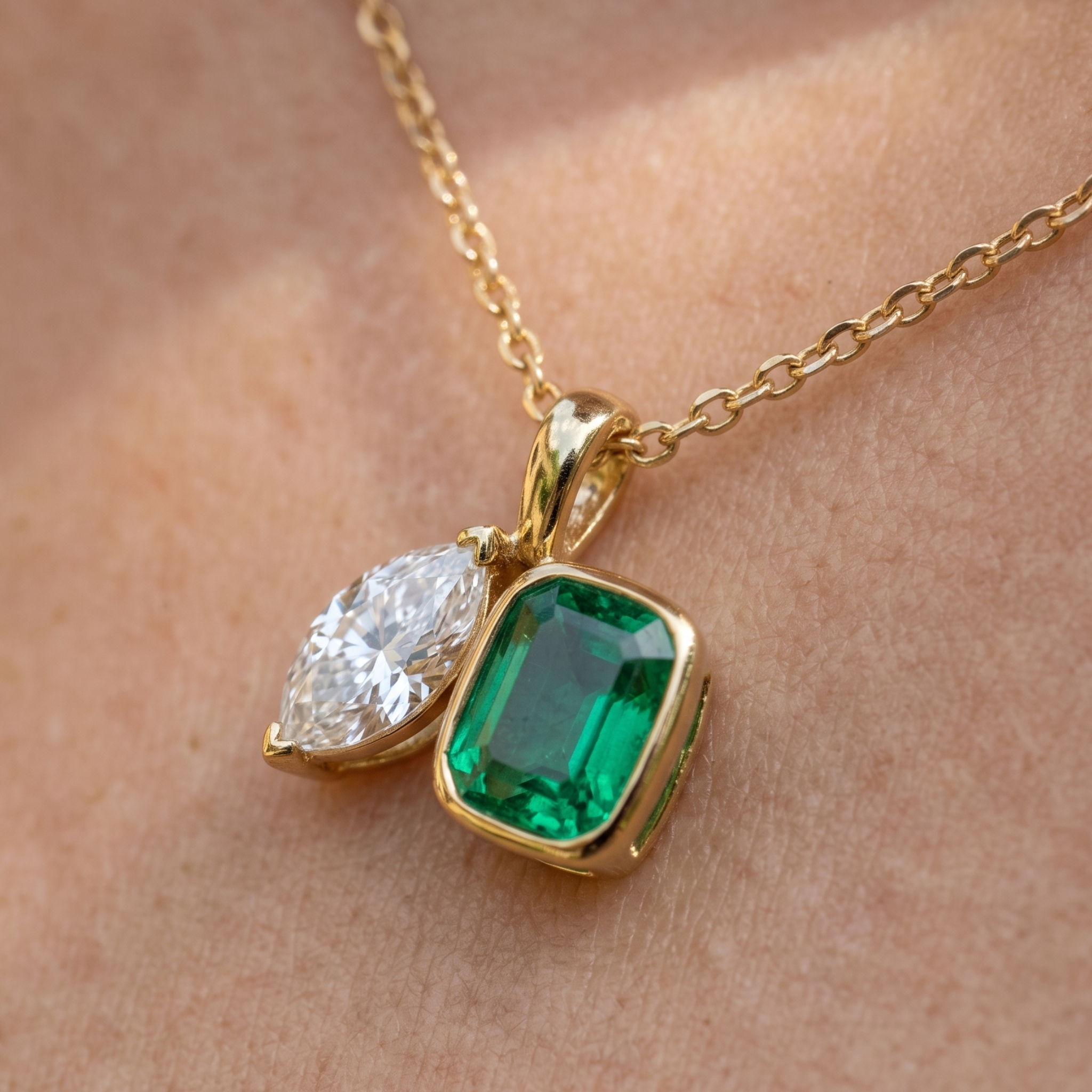 Kiashaa Jewellery 2.91 CTW cushion and marquise pendant necklace in polished yellow gold.