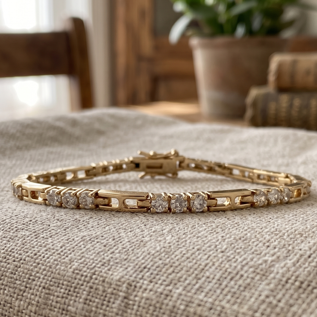 A gold tennis bracelet with clear round-cut stones, resting on a textured beige linen fabric with a softly blurred rustic indoor background.