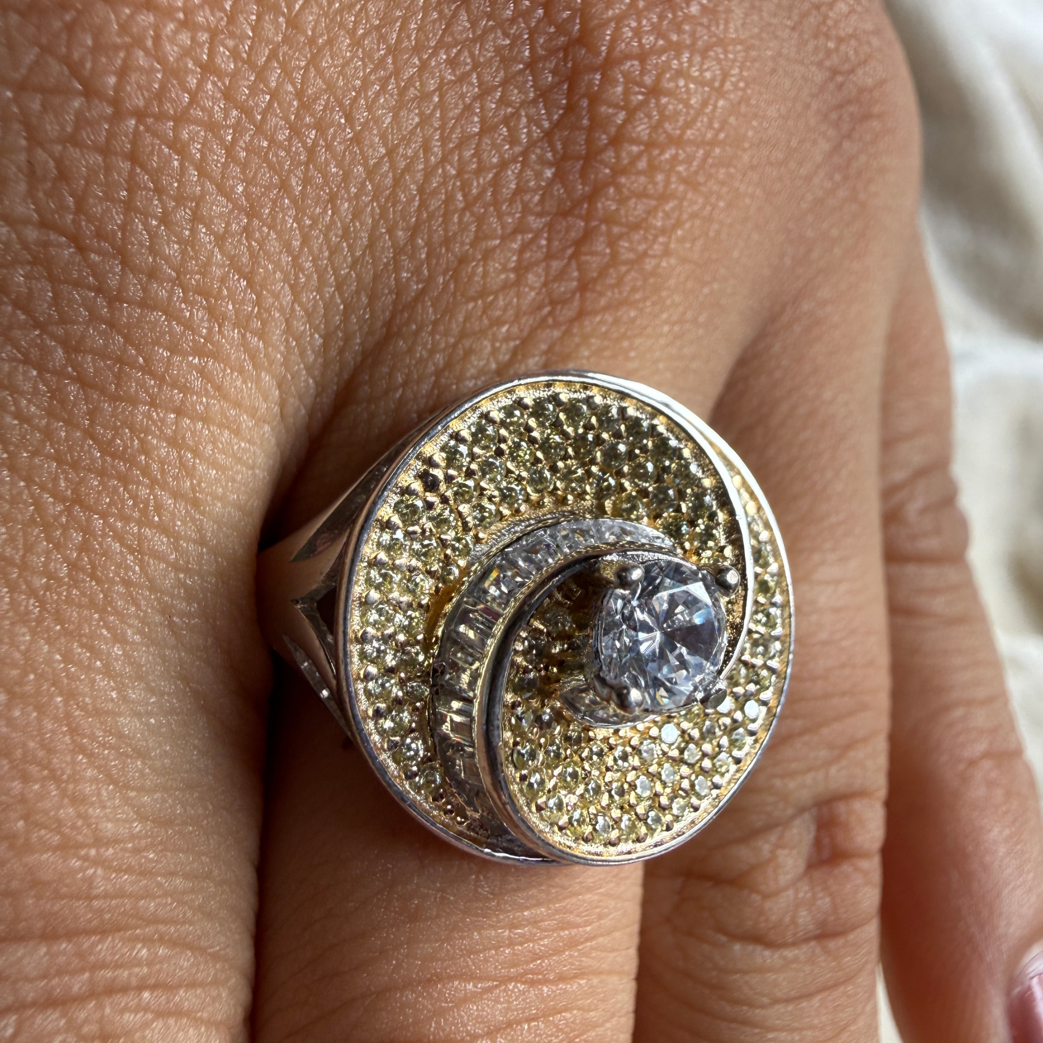 Round and baguette lab-grown diamond swirl statement ring by Kiashaa Jewellery.