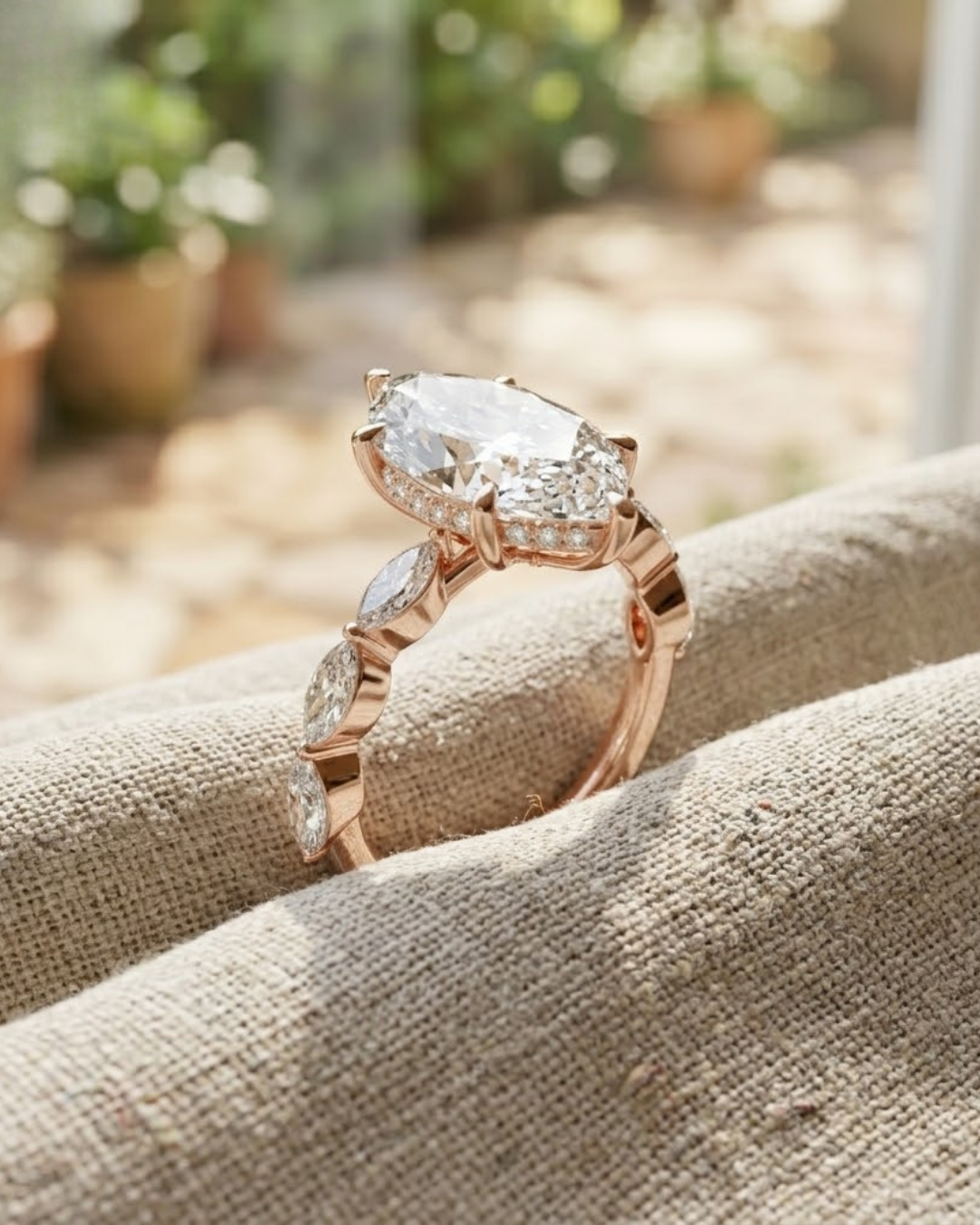 Rose gold marquise lab-grown diamond engagement ring by Kiashaa Jewellery with an elegant fancy-stone band.