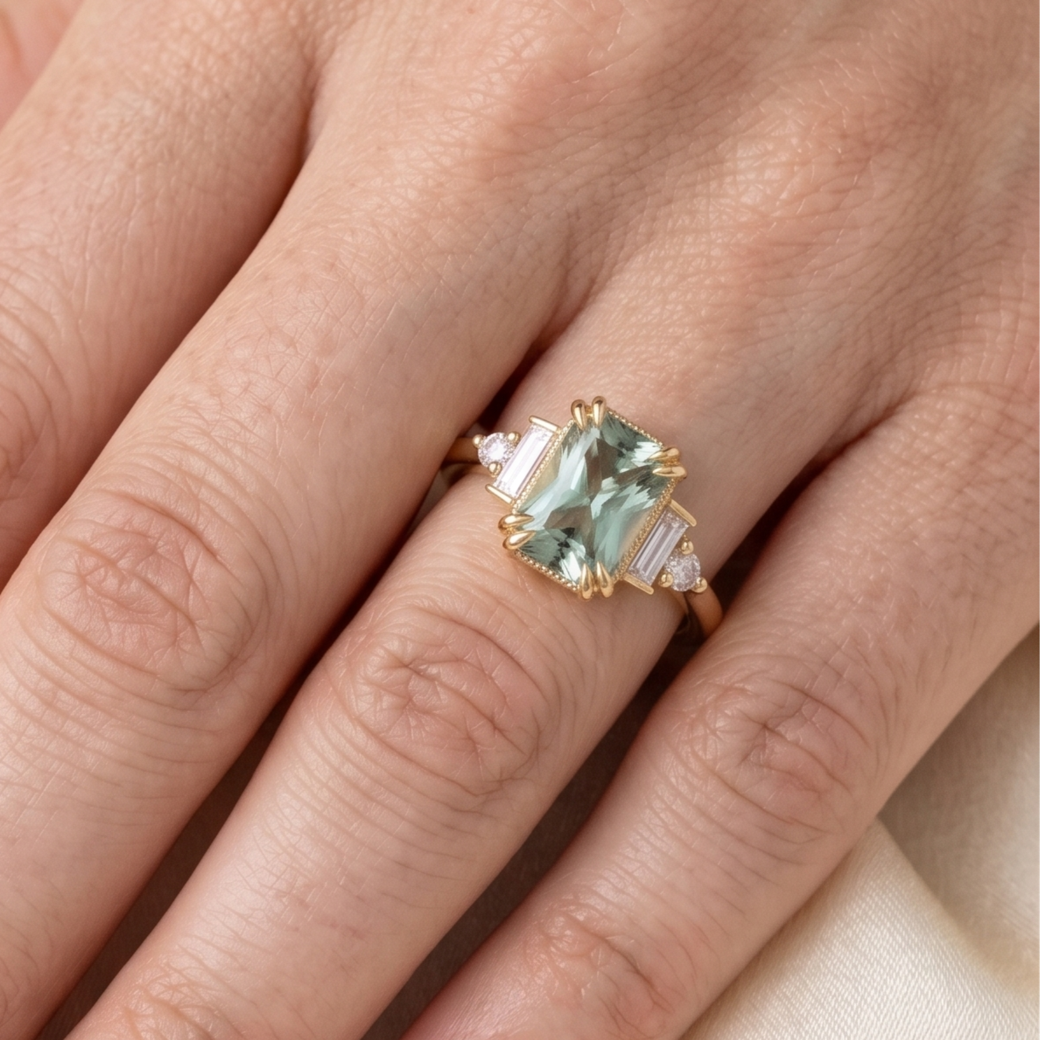 1.73 CT green emerald-cut center stone ring by Kiashaa Jewellery