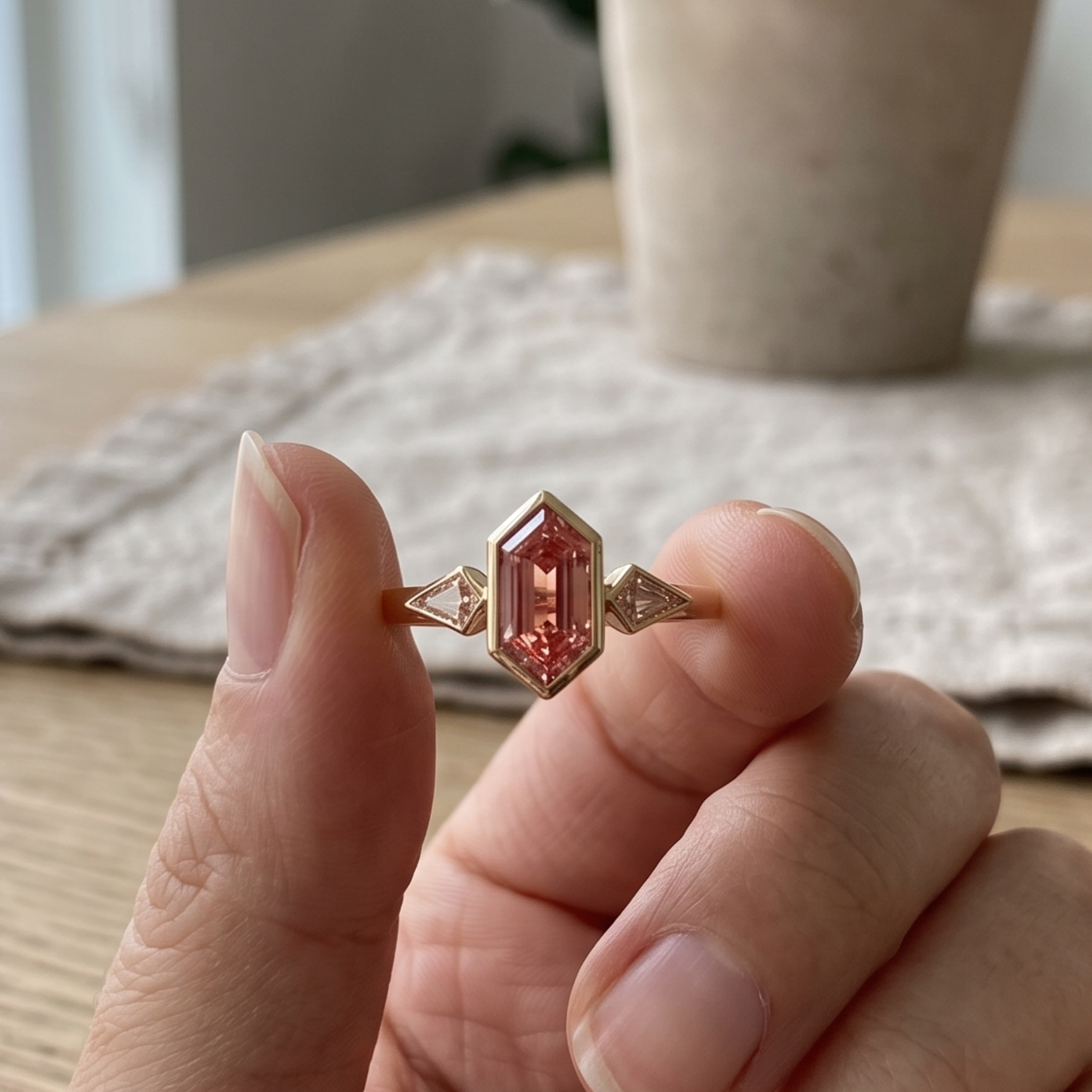 Kiashaa Jewellery 3 CTW pink geometric three-stone ring in polished yellow gold.
