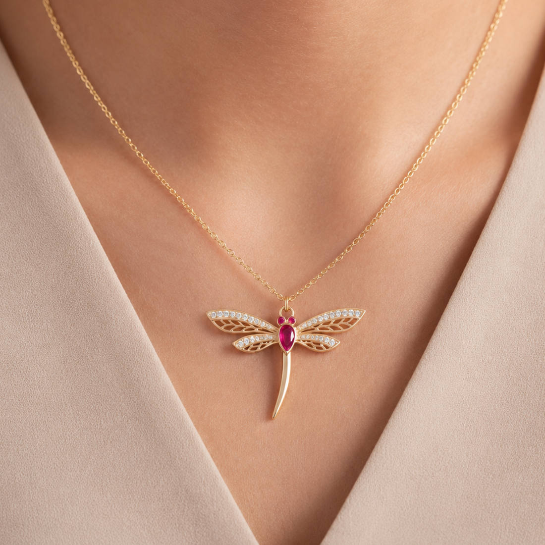 A gold dragonfly pendant necklace with a central red gemstone and clear crystal wings, worn on a model's neck over a beige top.