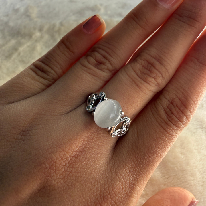 White cat's eye gemstone and lab-grown diamond ring by Kiashaa Jewellery.