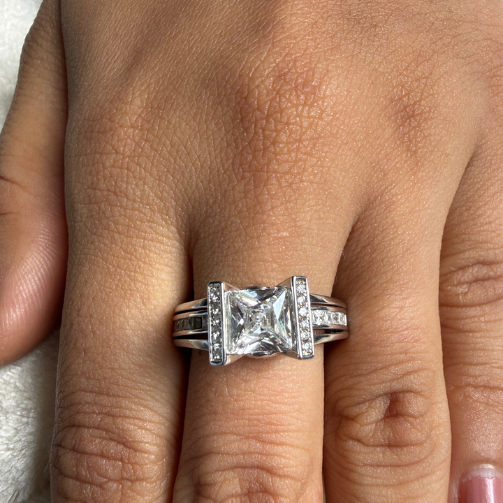 Princess-cut lab-grown diamond split-shank ring in white gold by Kiashaa Jewellery.