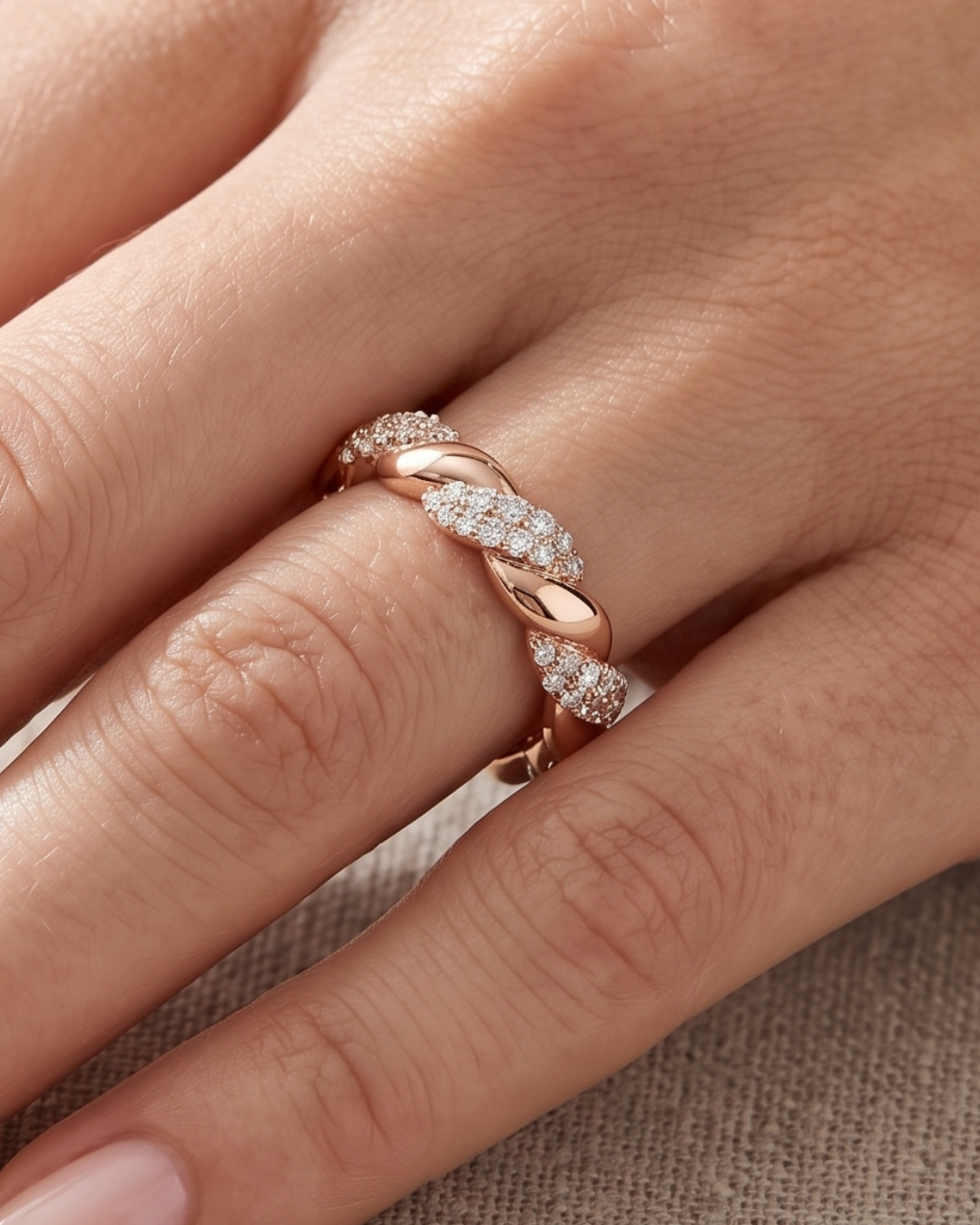 Rose gold round lab-grown diamond ladies ring by Kiashaa Jewellery featuring an elegant braided band design.