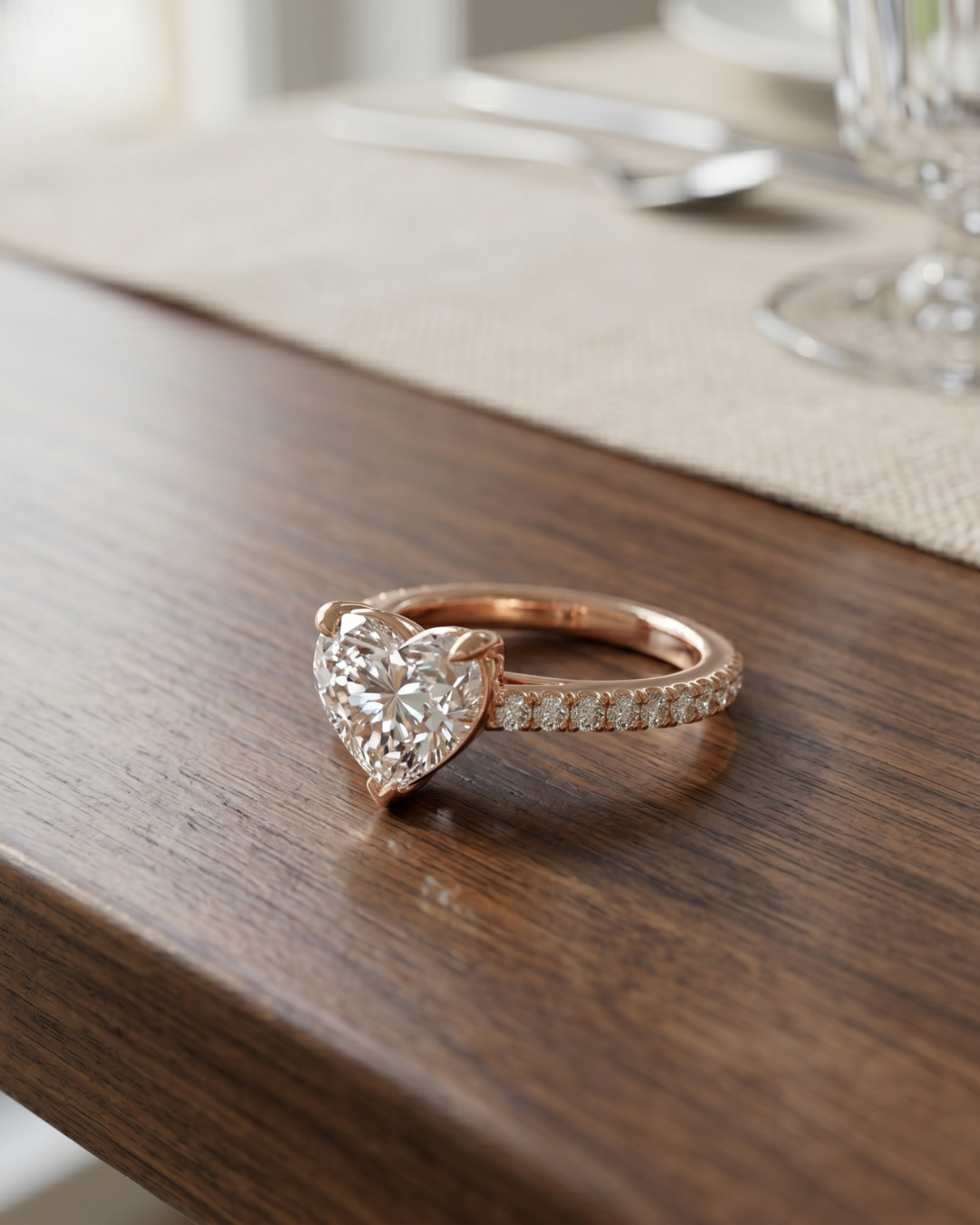 Rose gold heart-cut lab-grown diamond engagement ring by Kiashaa Jewellery with a sparkling round diamond band.