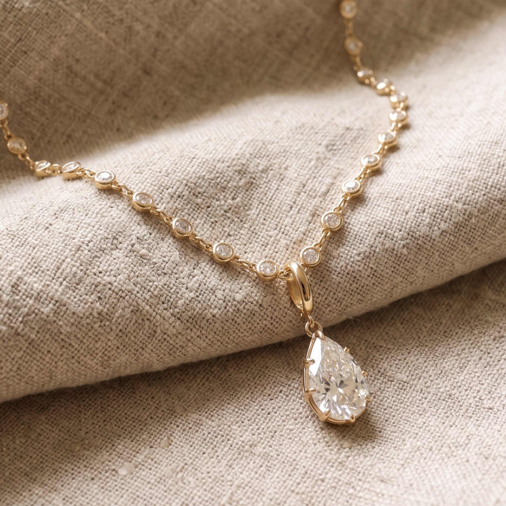 A gold chain necklace with a teardrop-shaped clear crystal pendant, displayed on a textured beige linen fabric background.