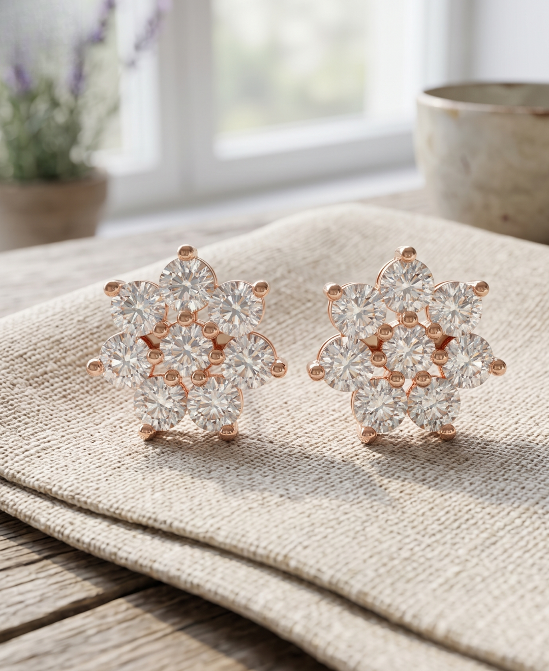 Rose gold floral lab-grown diamond stud earrings by Kiashaa Jewellery featuring brilliant round diamond clusters.