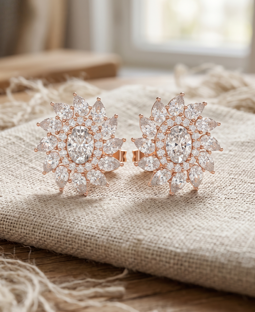 Rose gold floral diamond earrings featuring oval-cut centres, round diamond halos and pear-shaped diamond petals.