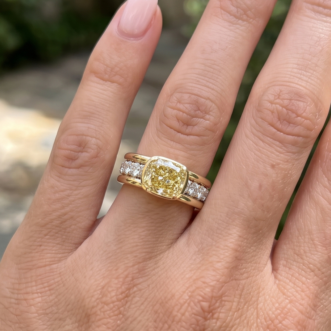 A yellow diamond ring with a yellow gold band and small clear accent diamonds, shown worn on a person's finger.