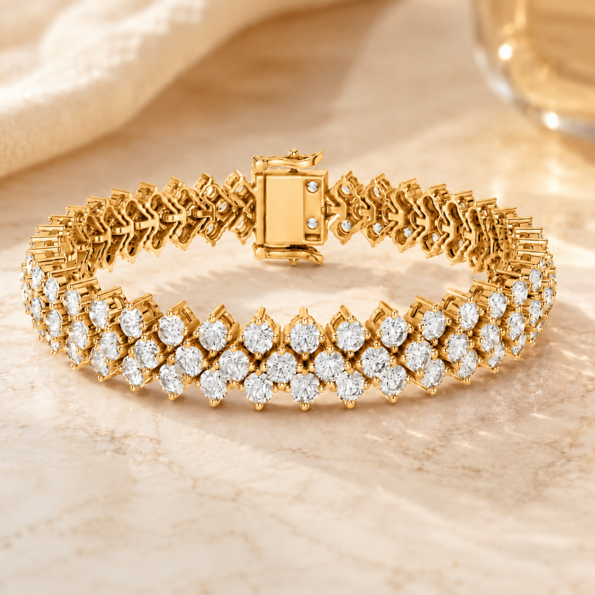 A gold tennis bracelet with rows of sparkling clear gemstones, displayed on a light beige marble surface with a soft fabric background.