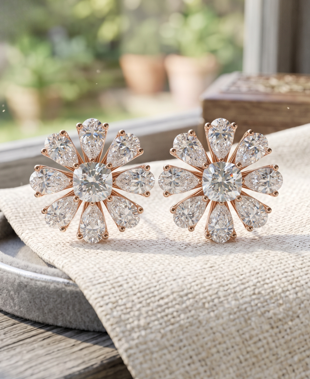 Rose gold floral diamond stud earrings featuring cushion-cut centres surrounded by eight pear-cut diamond petals.