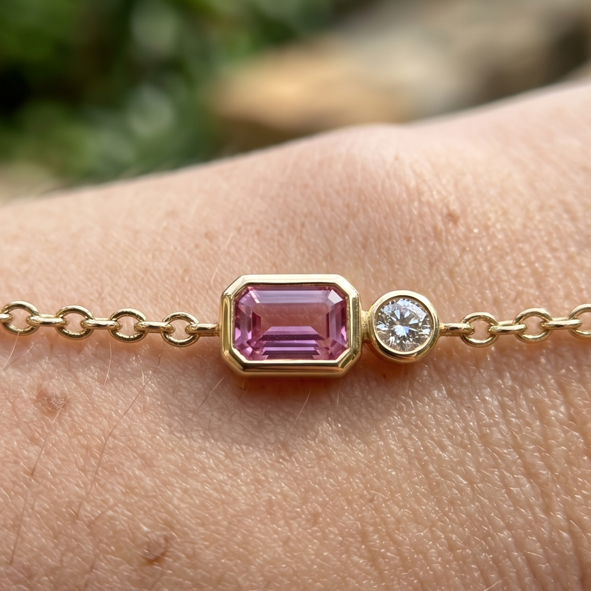 Kiashaa Jewellery 1.14 CTW pink emerald and round diamond bracelet in polished yellow gold.