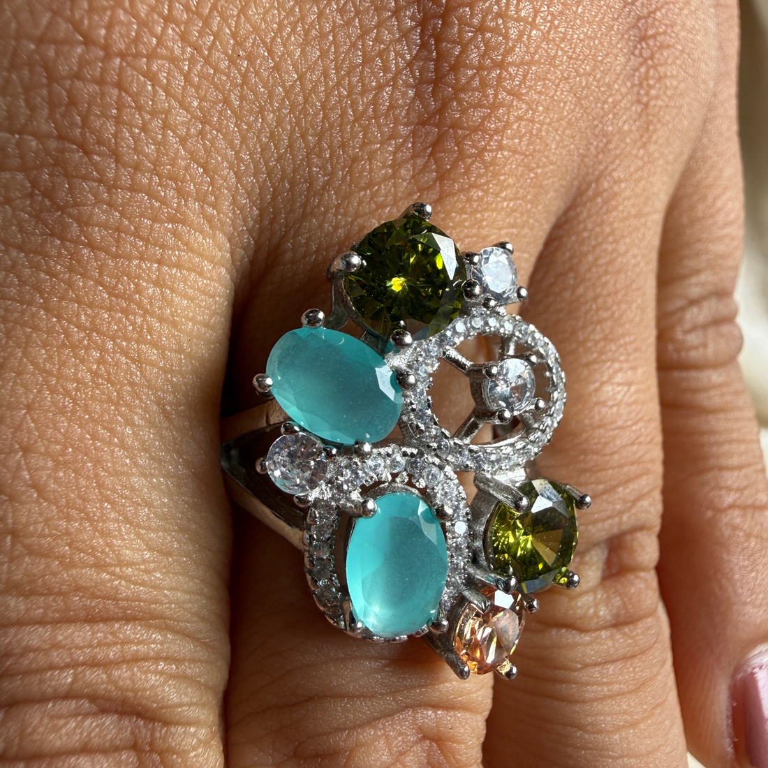 Multicolor gemstone and lab-grown diamond statement ring by Kiashaa Jewellery.
